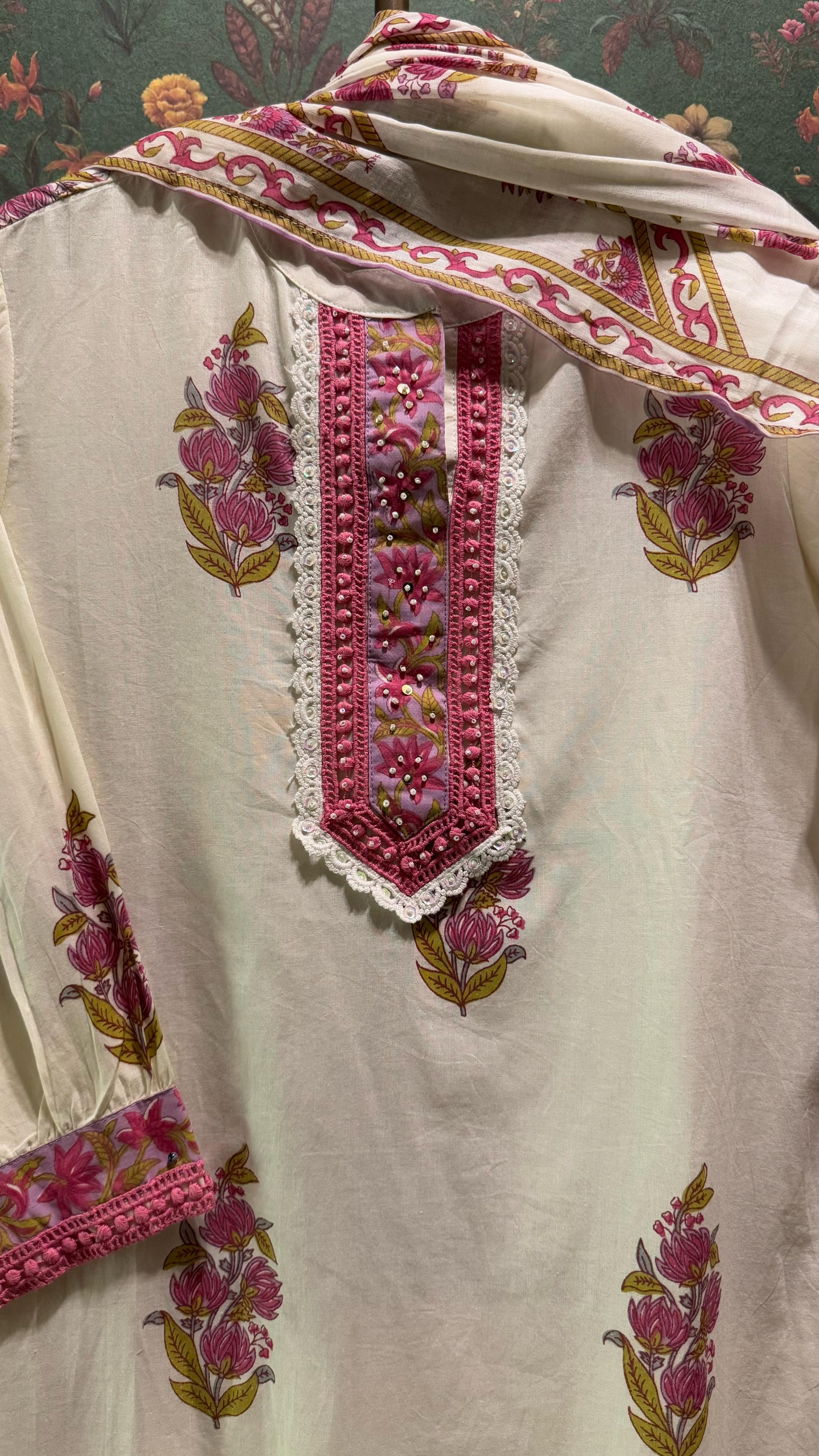 Cream Straight fit Cotton Suit Set