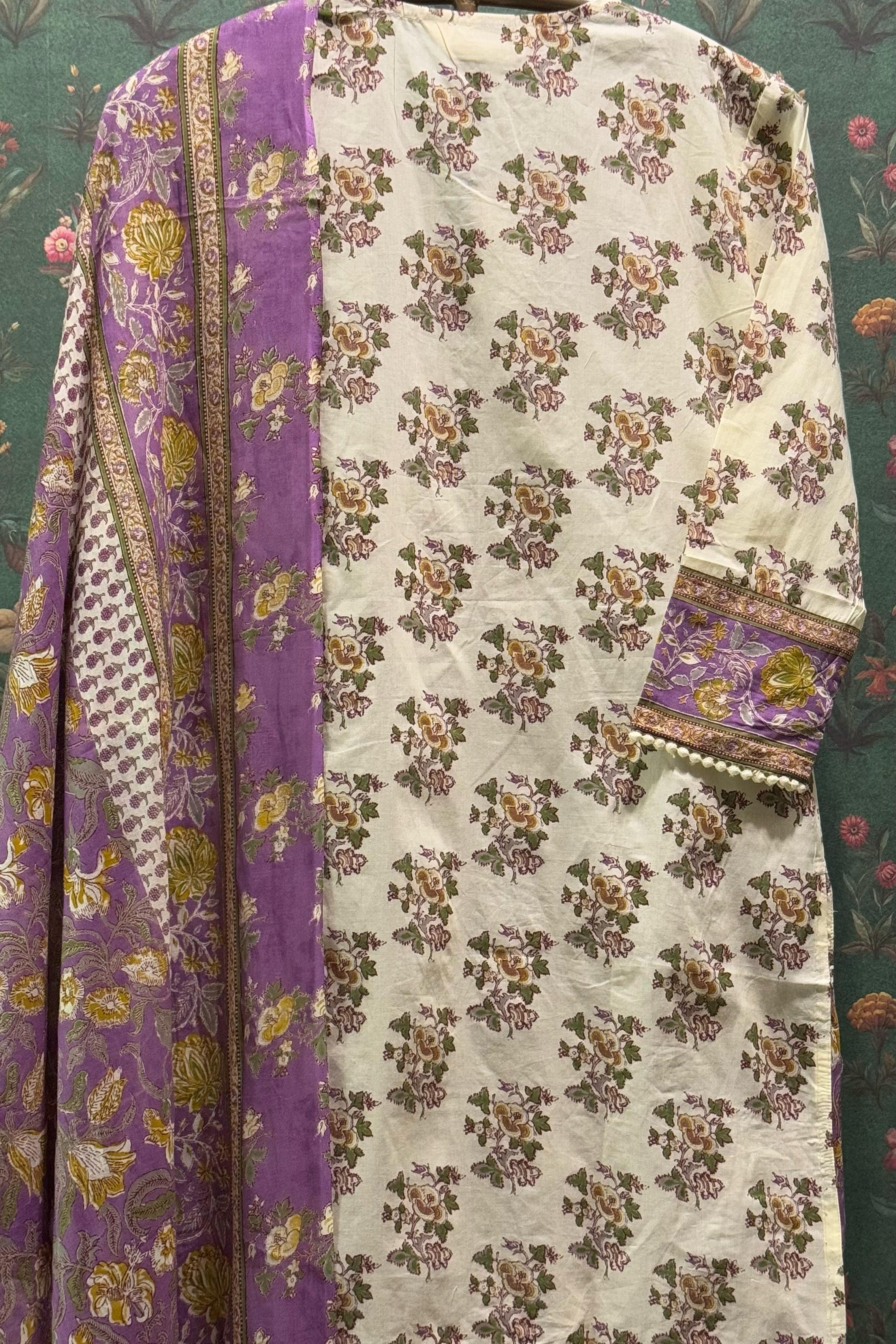 Cream Straight fit Cotton Suit Set