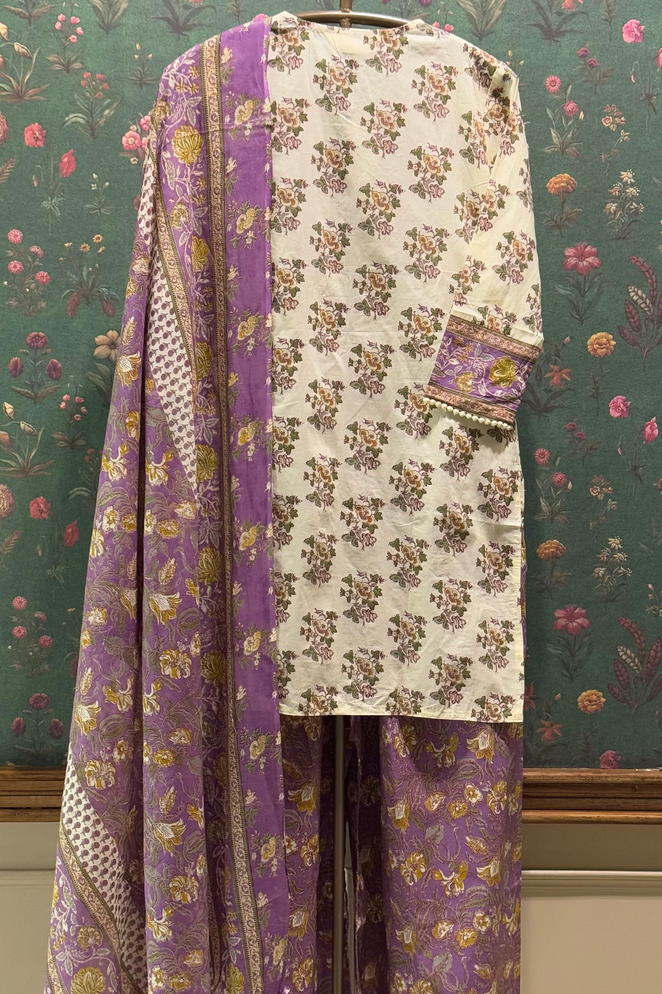 Cream Straight fit Cotton Suit Set