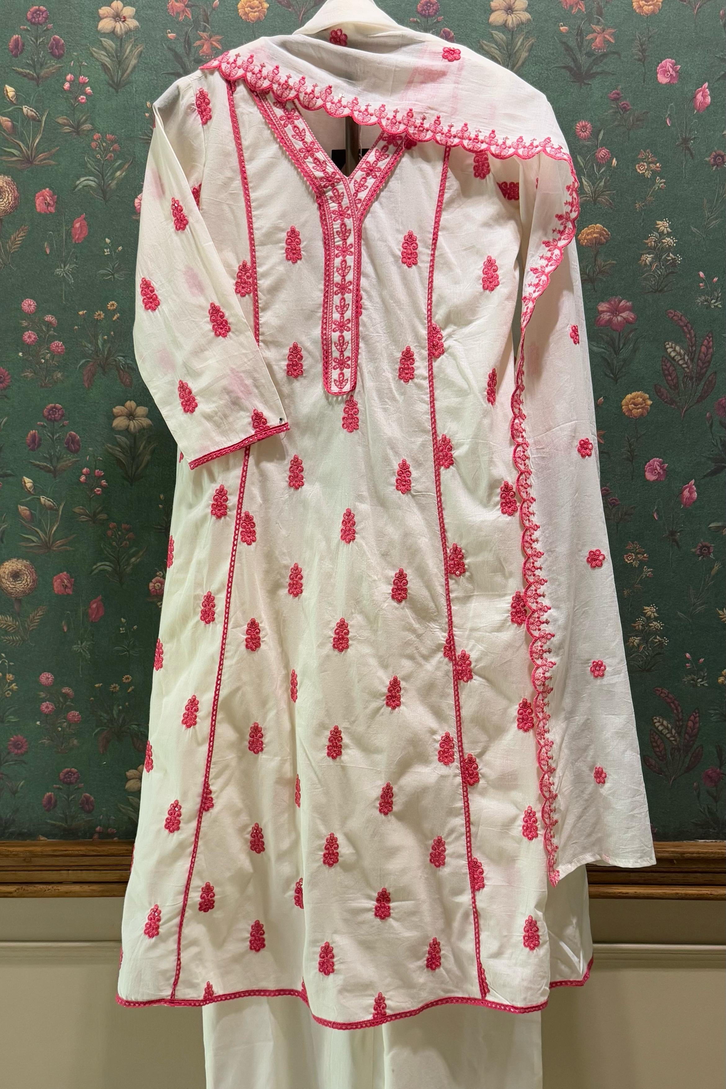 Ivory Cotton Charm A-Line Suit Set (Fuchsia Pink) | HER-514