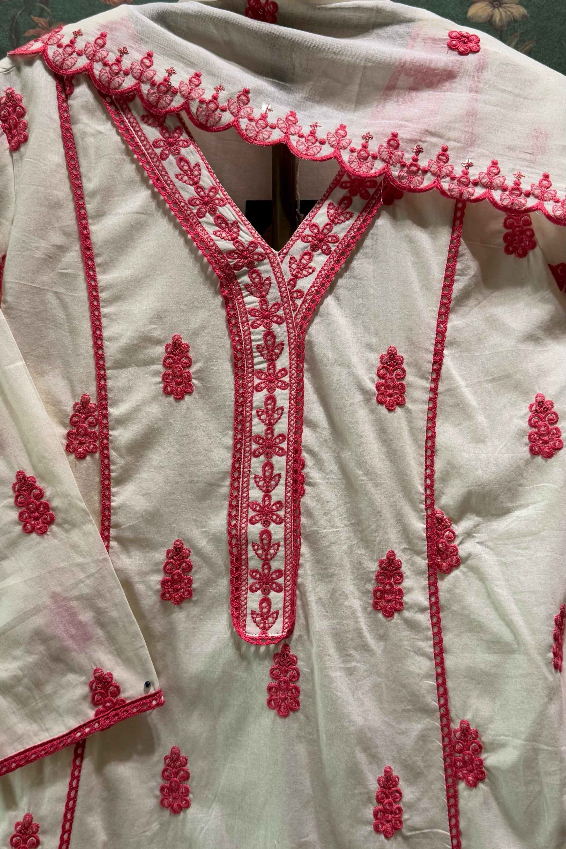 Ivory Cotton Charm A-Line Suit Set (Fuchsia Pink) | HER-514