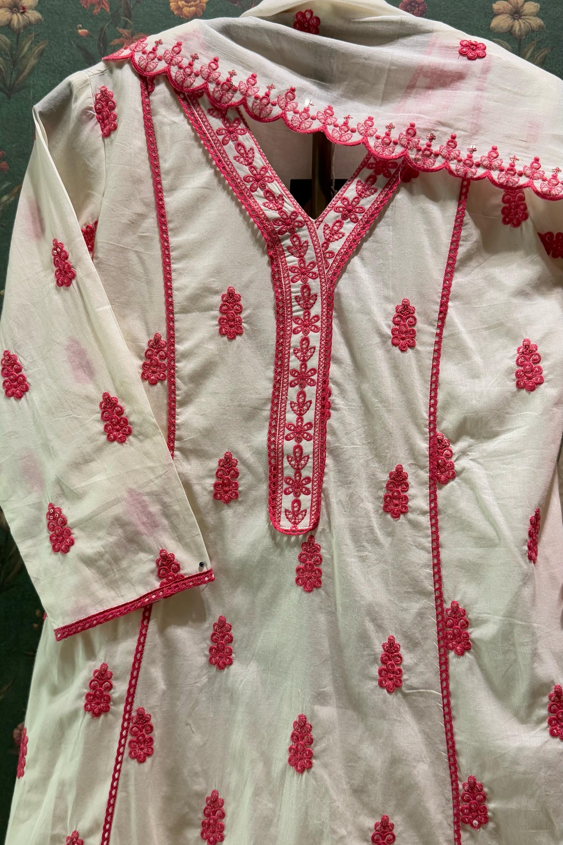 Ivory Cotton Charm A-Line Suit Set (Fuchsia Pink) | HER-514