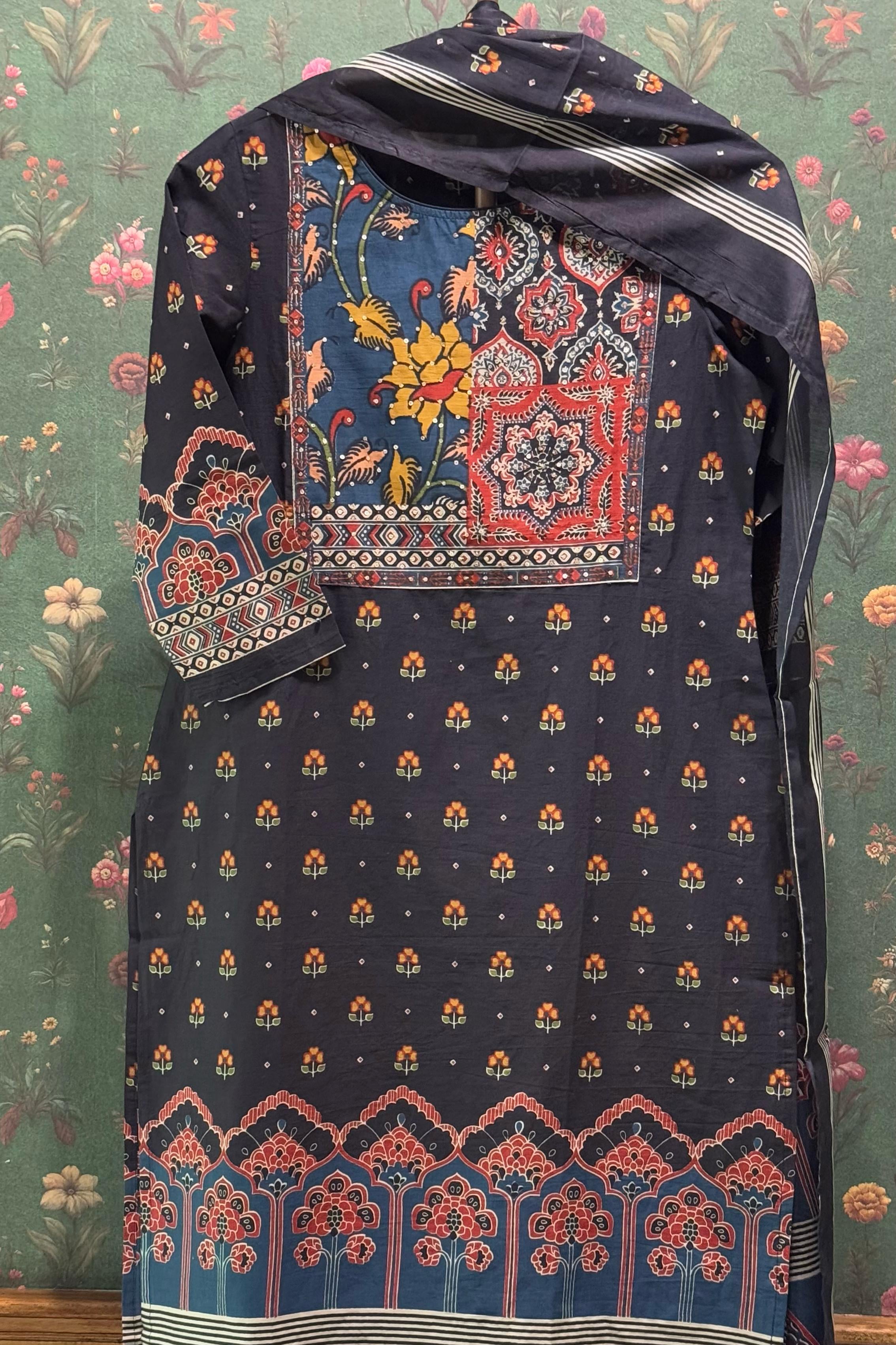 Black Straight fit Cotton Suit set