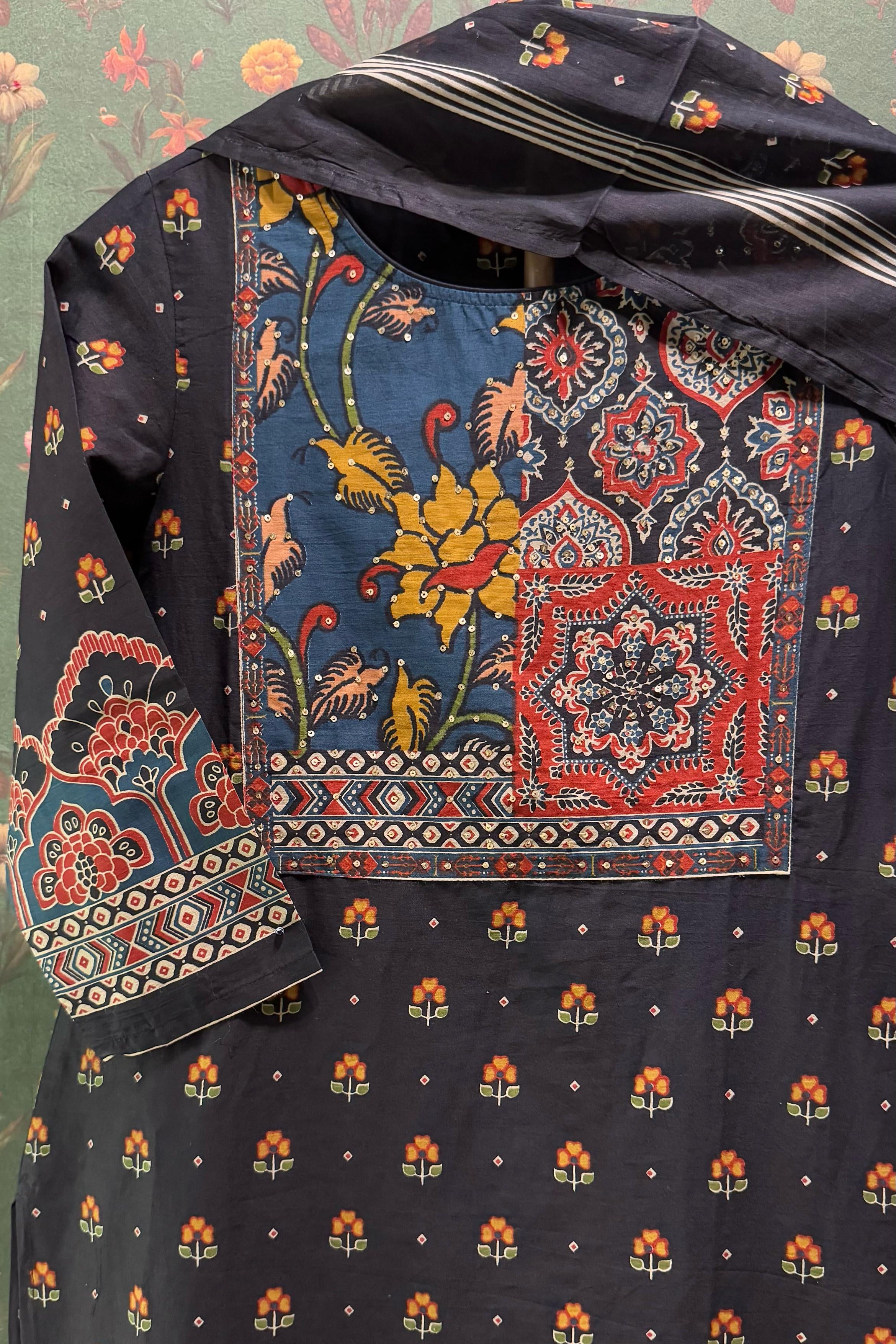 Black Straight fit Cotton Suit set