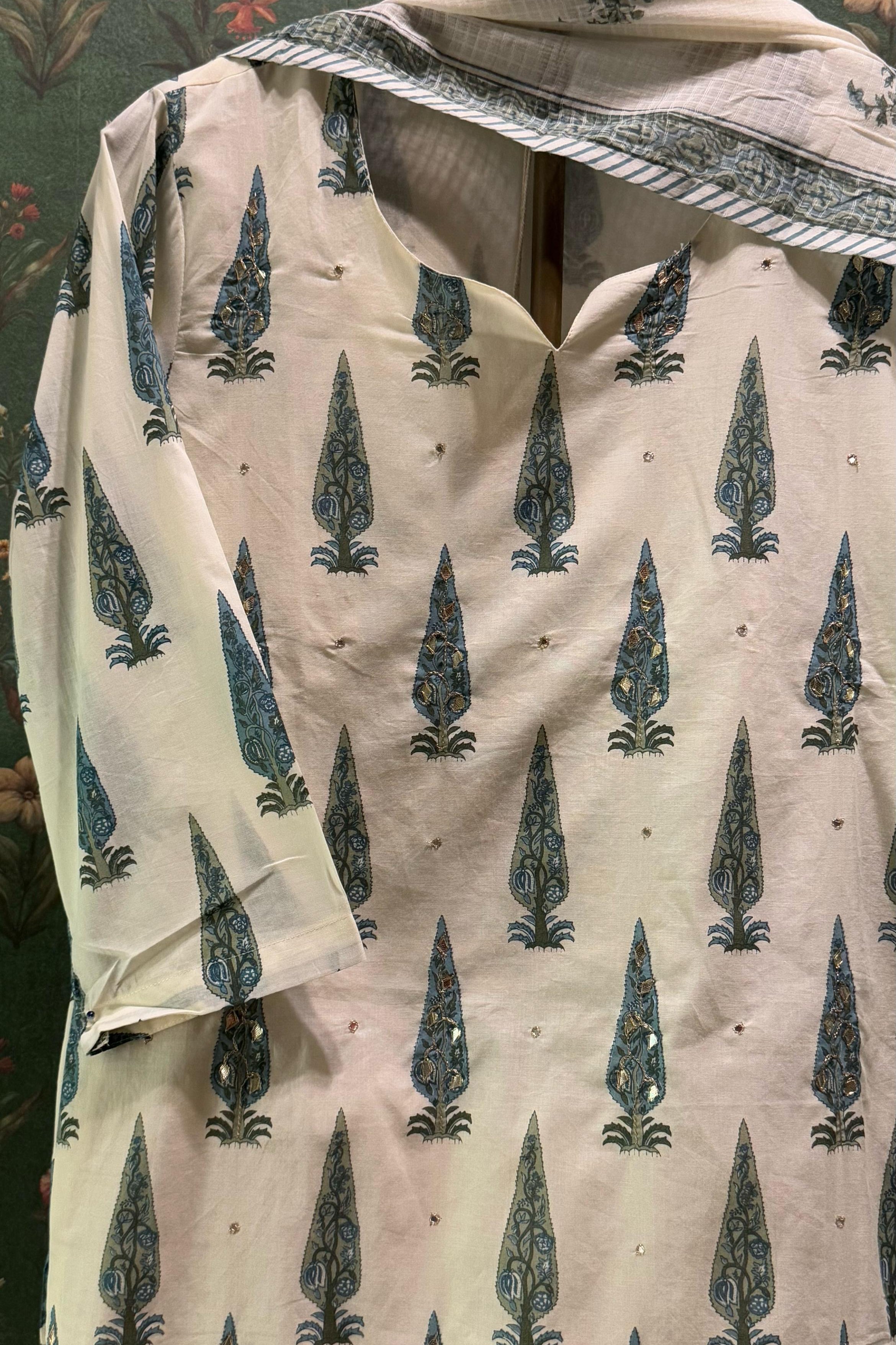 Sea Green Floral Suit Set, with Kota Doria Dupatta | HER-519