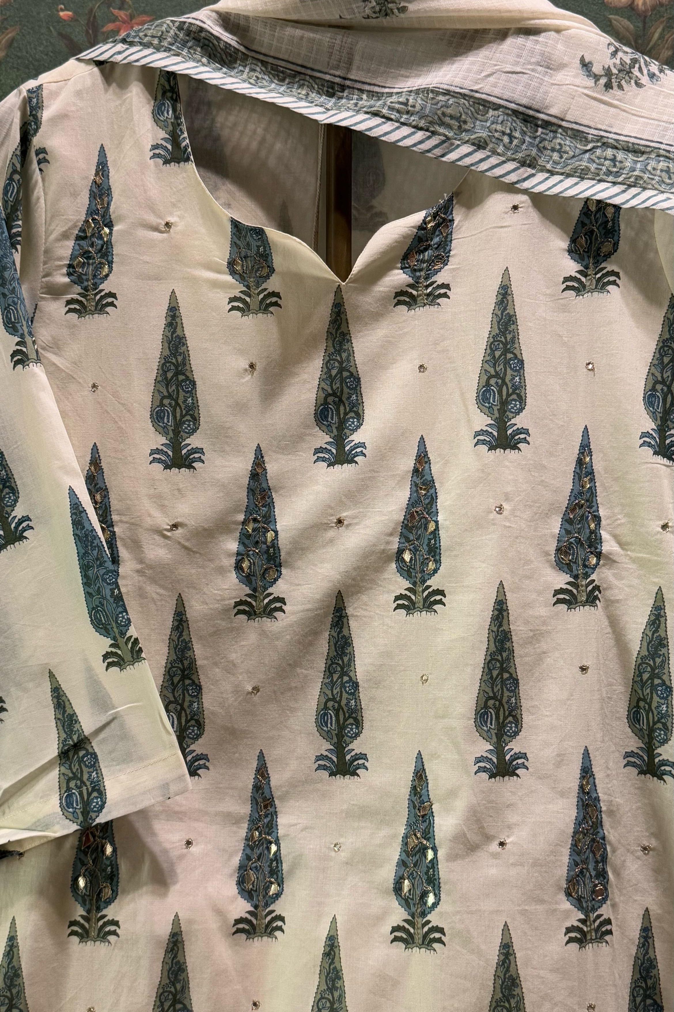 Sea Green Floral Suit Set, with Kota Doria Dupatta | HER-519