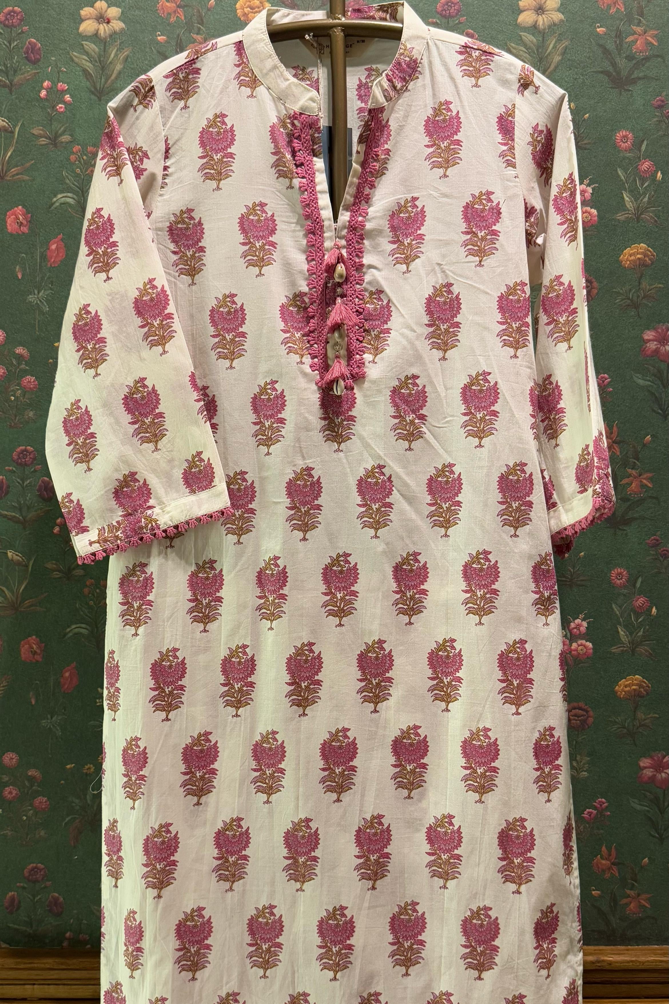 Cream & Pink Straight fit Cotton Kurta set | HER-513