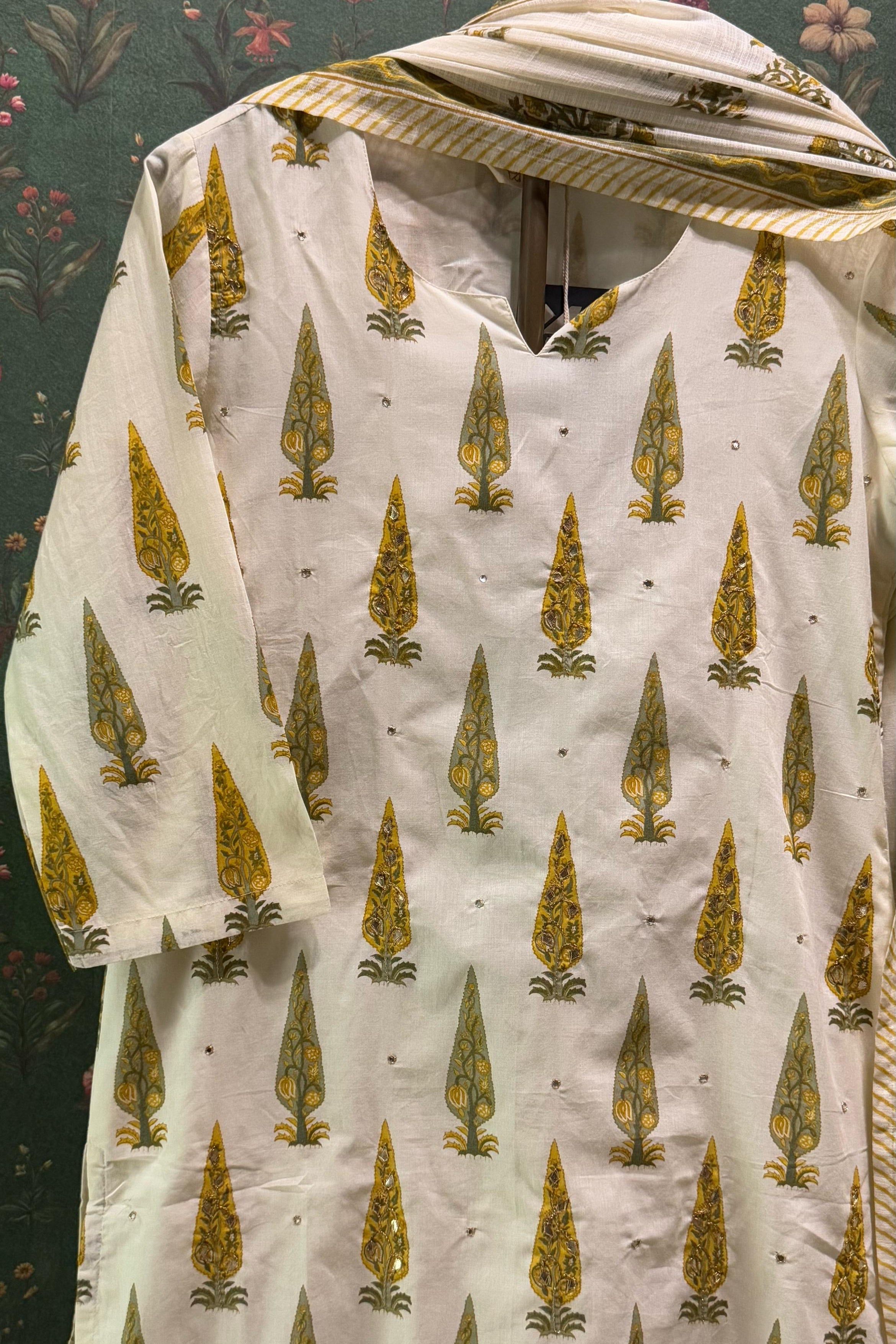 Dusty Yellow Floral Suit Set, with Kota Doria Dupatta | HER-519