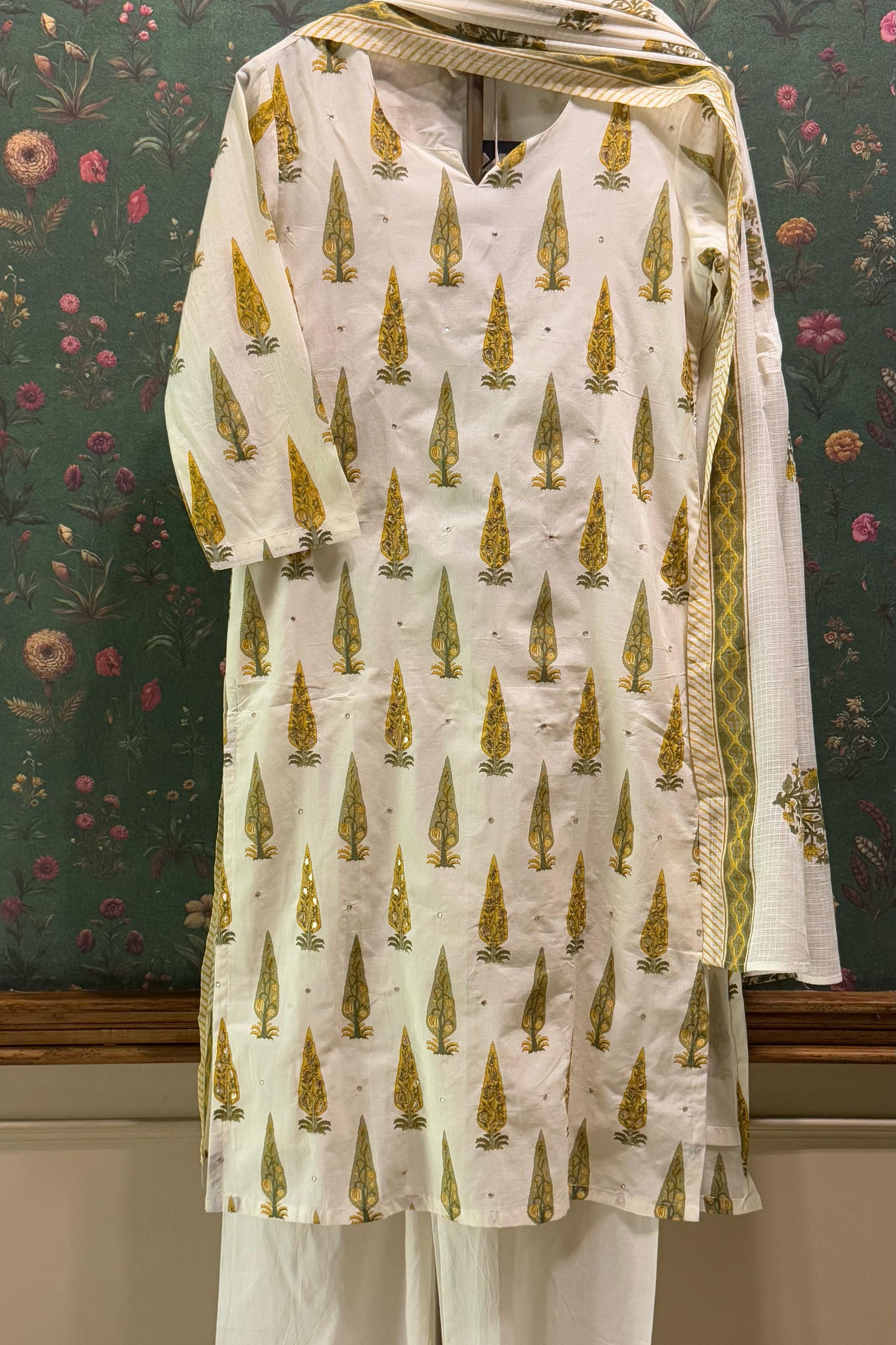 Dusty Yellow Floral Suit Set, with Kota Doria Dupatta | HER-519