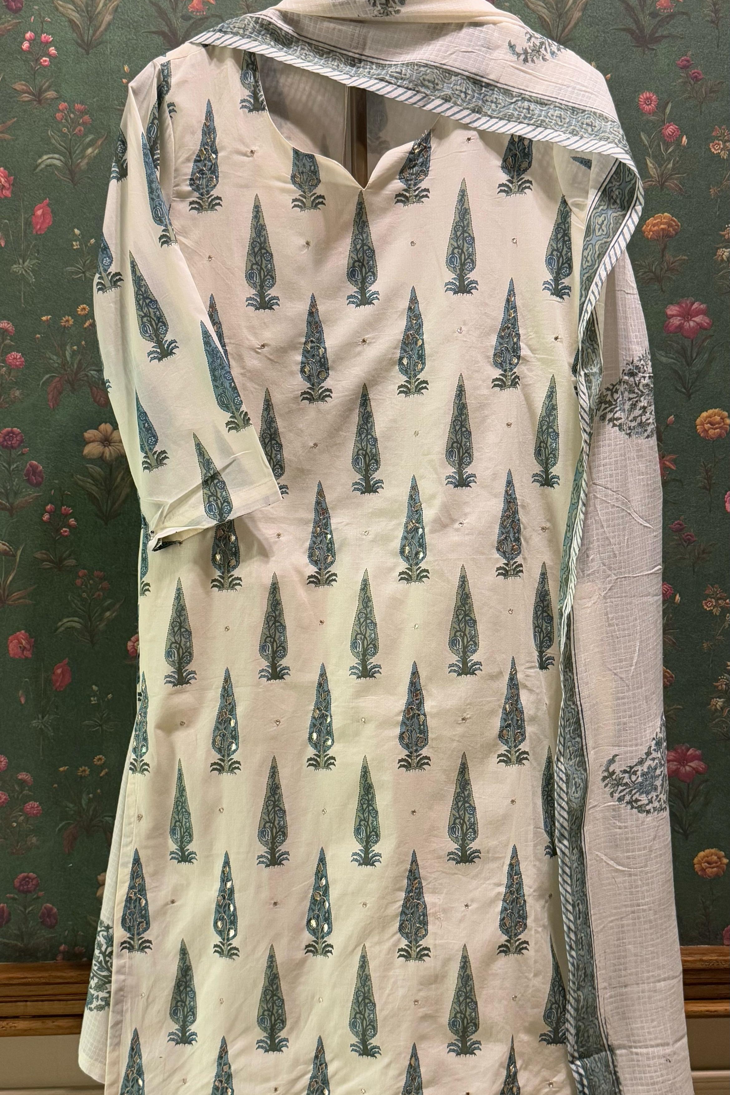 Sea Green Floral Suit Set, with Kota Doria Dupatta | HER-519