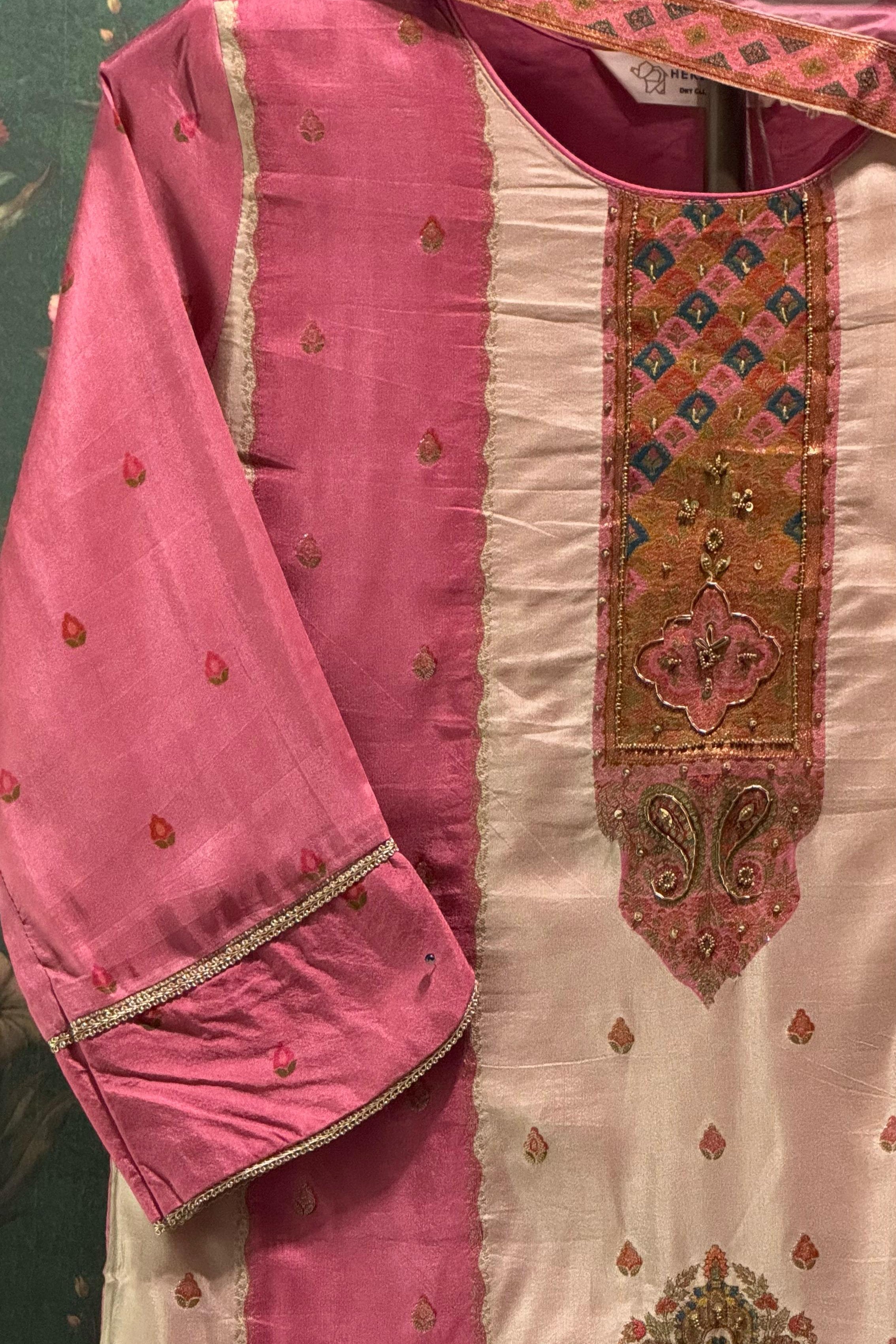 Rose Pink Dola Jacquard Embroidered Suit Set | HER-466