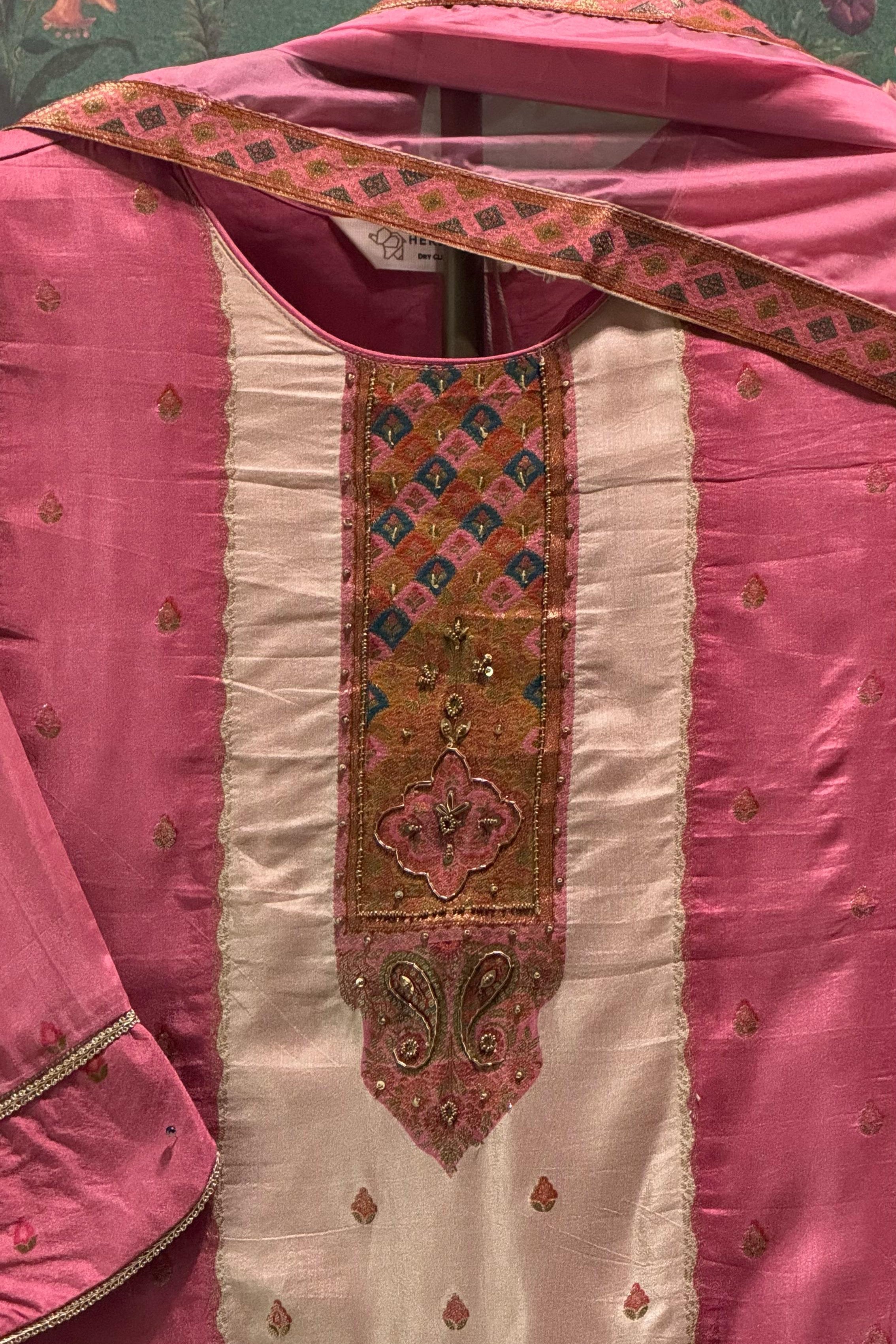 Rose Pink Dola Jacquard Embroidered Suit Set | HER-466