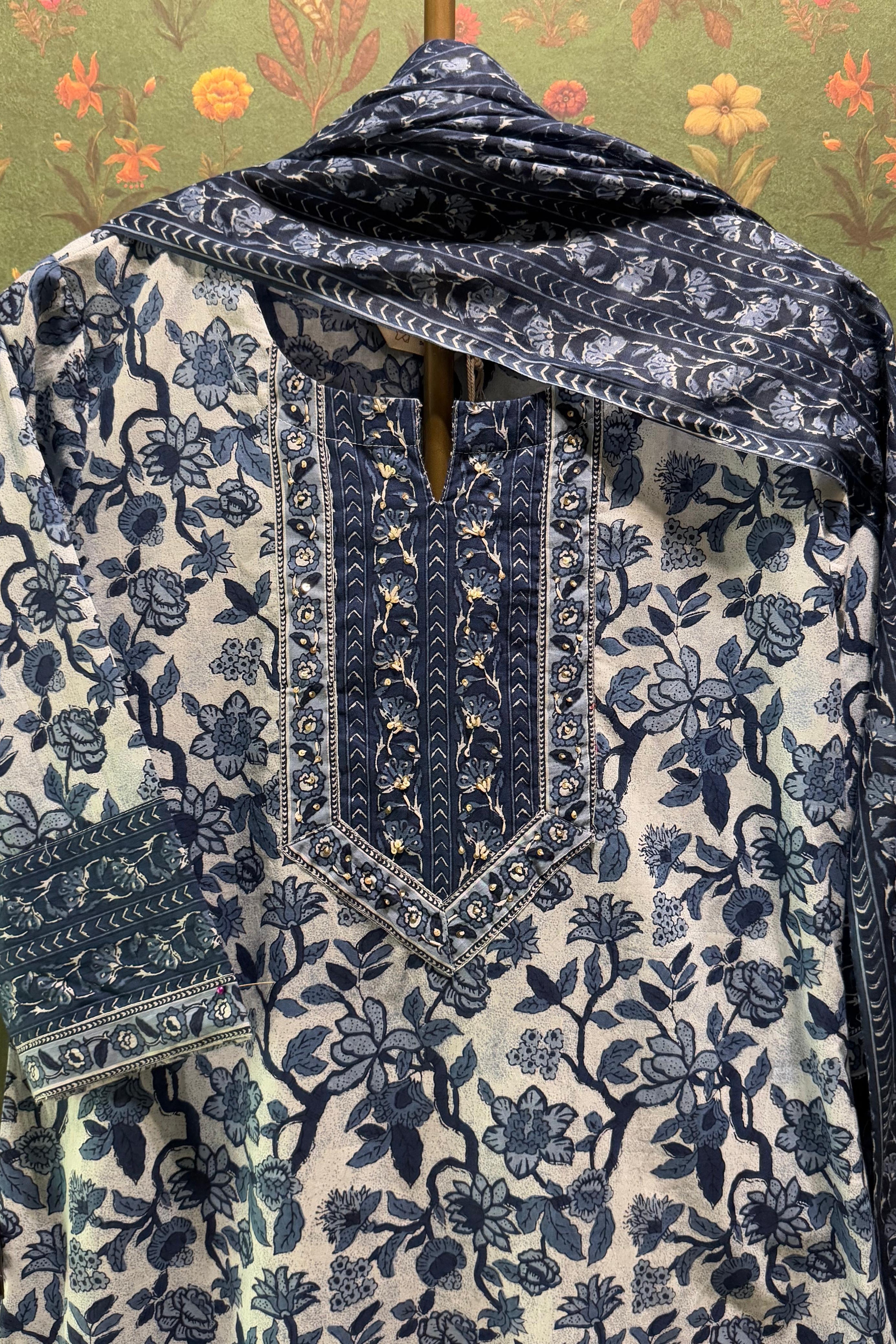 Floral Blue Cotton Suit Set | HER-511