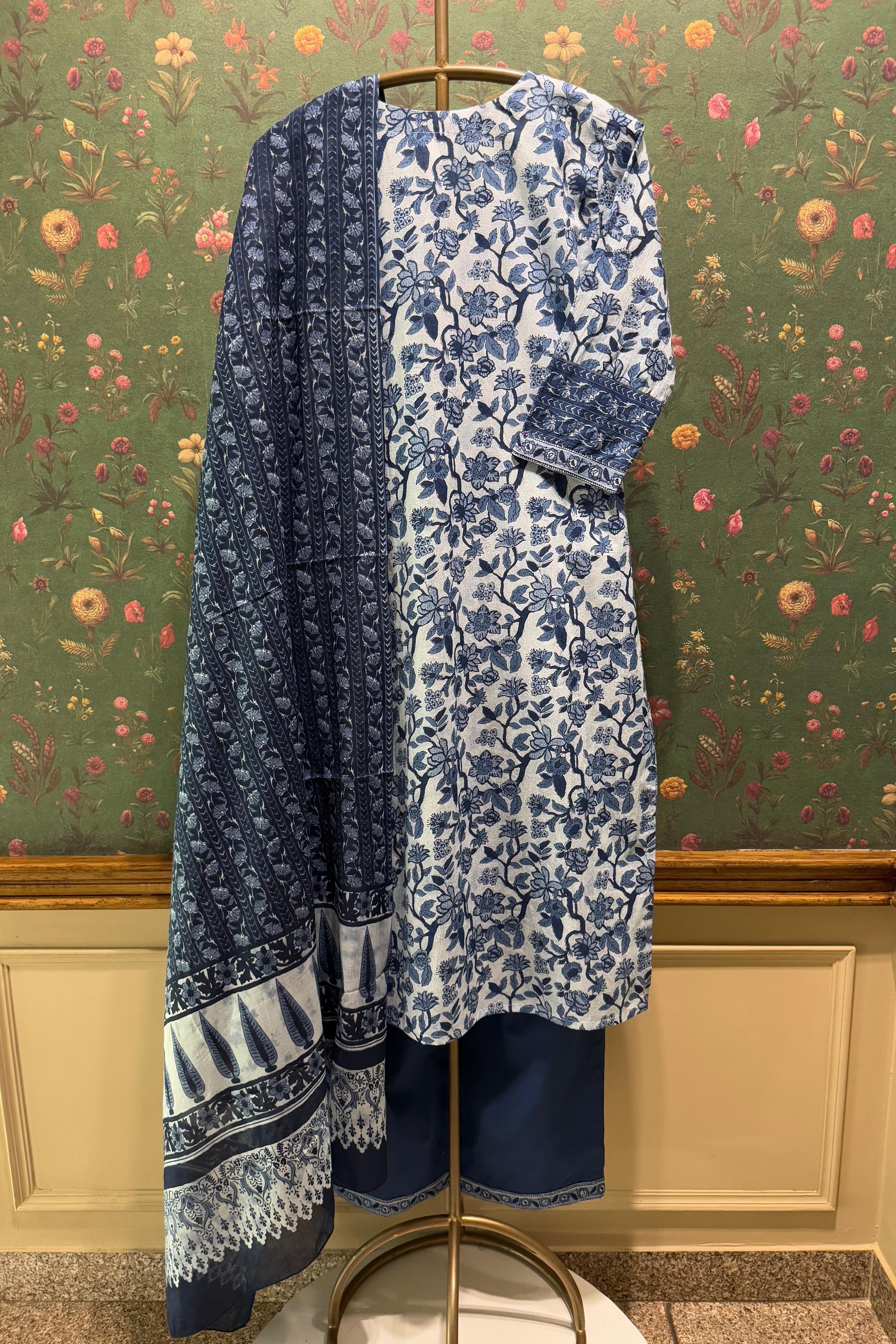 Floral Blue Cotton Suit Set | HER-511