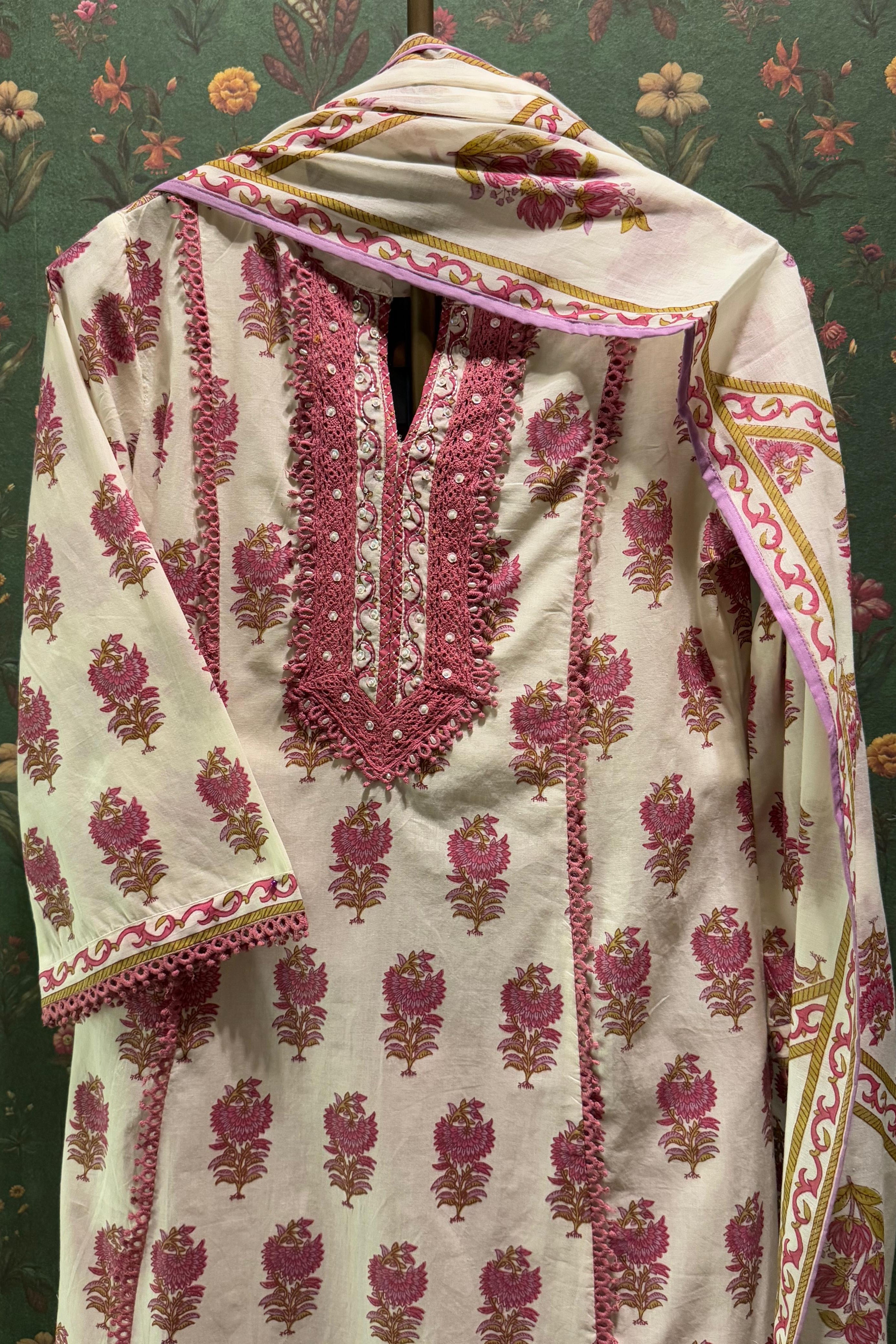 White & Pink Floral Cotton Suit Set