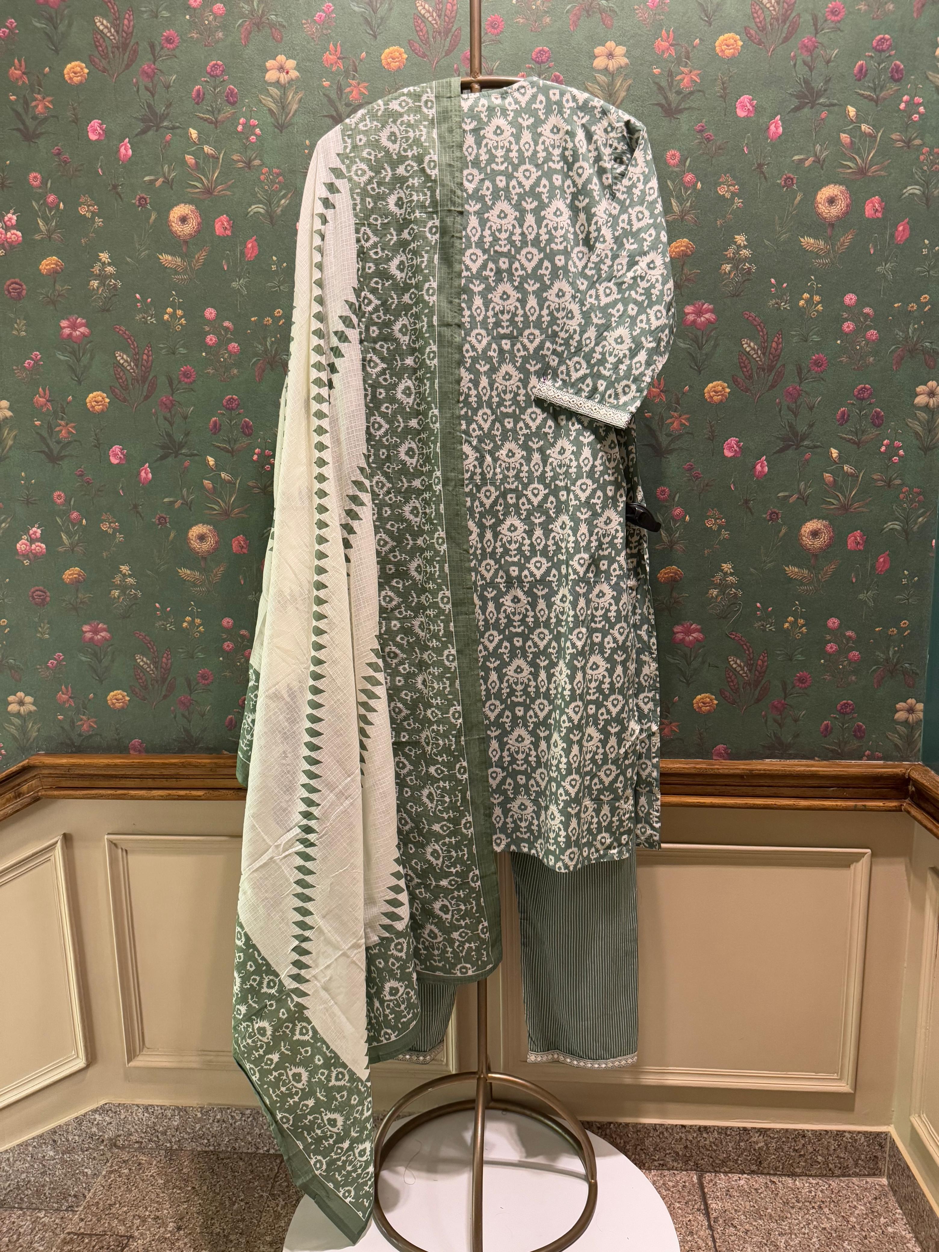 Sage Green Cotton Suit Set with Kota Doria Dupatta