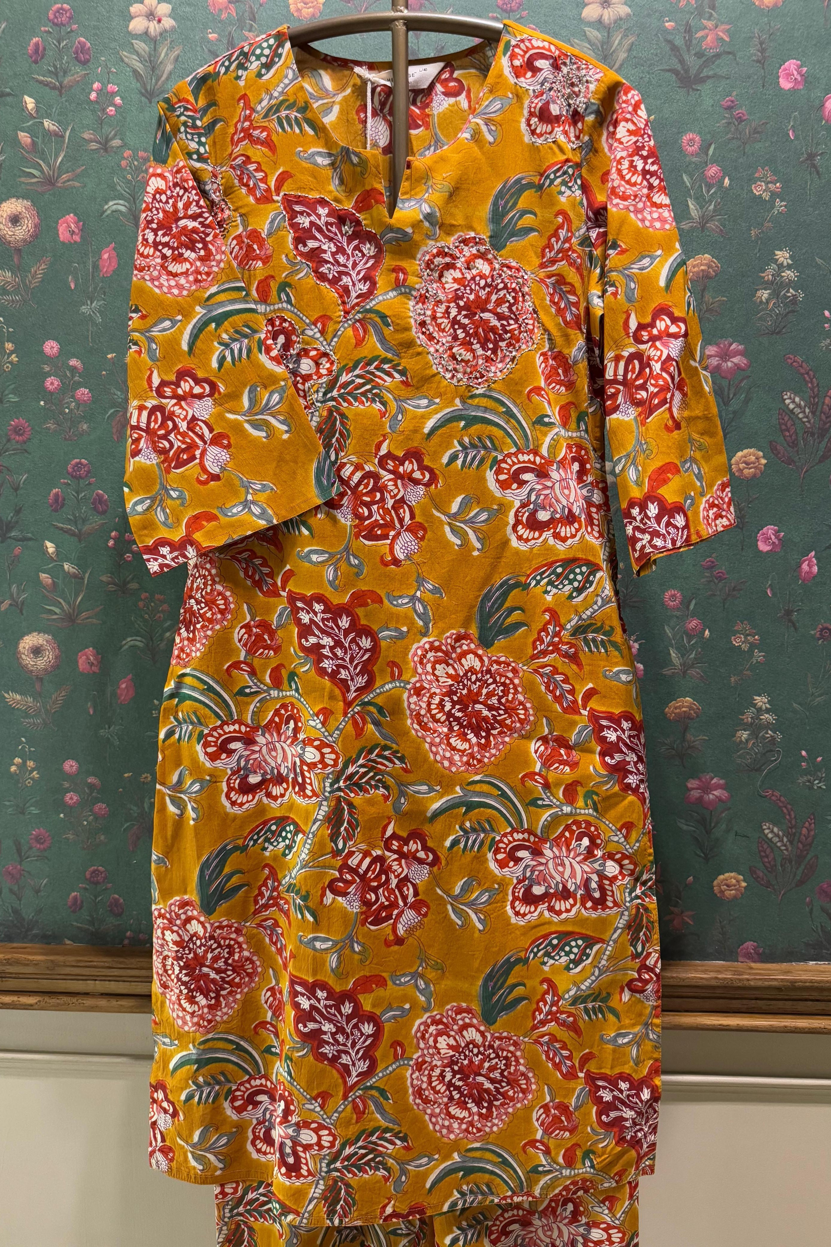 Mustard Yellow Floral Cotton Co-ord Set | HER-533