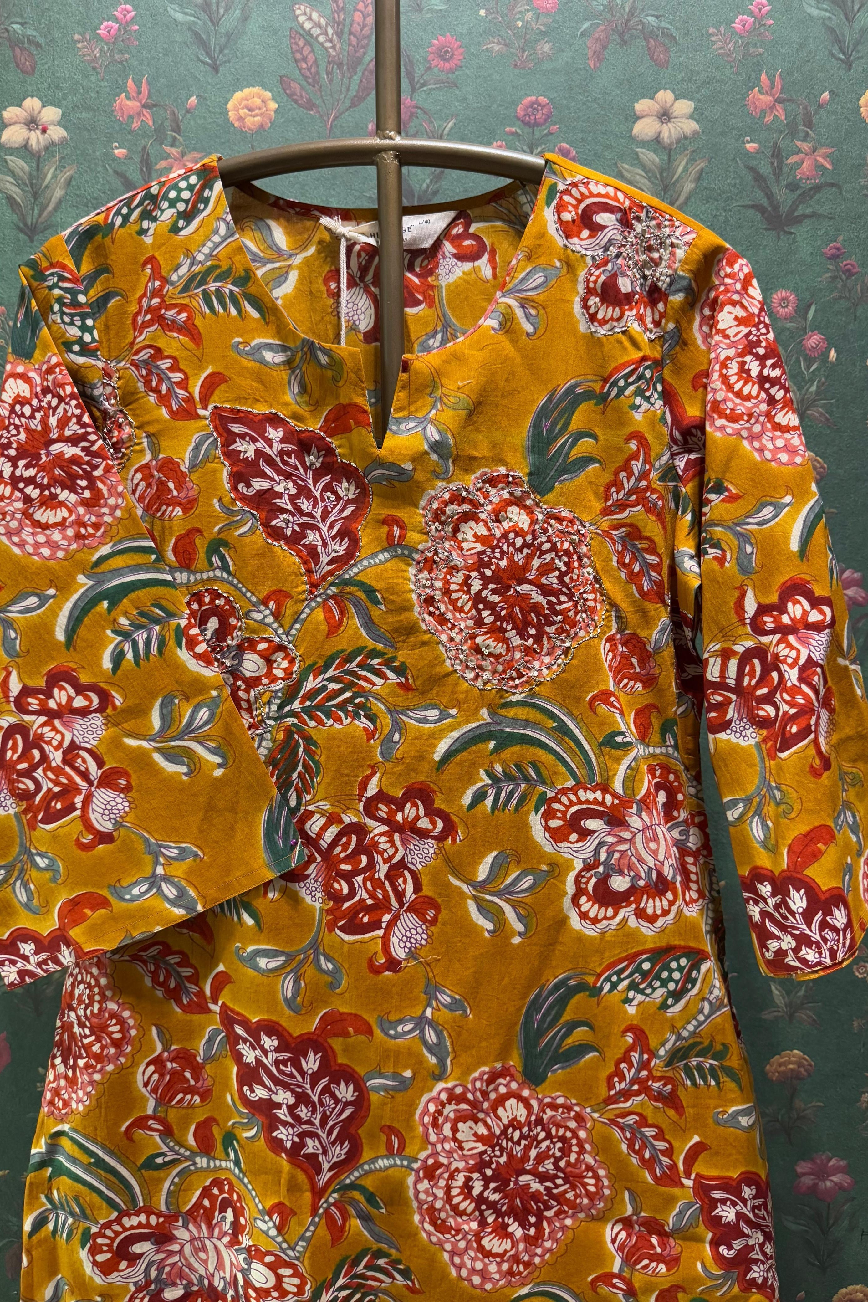 Mustard Yellow Floral Cotton Co-ord Set | HER-533