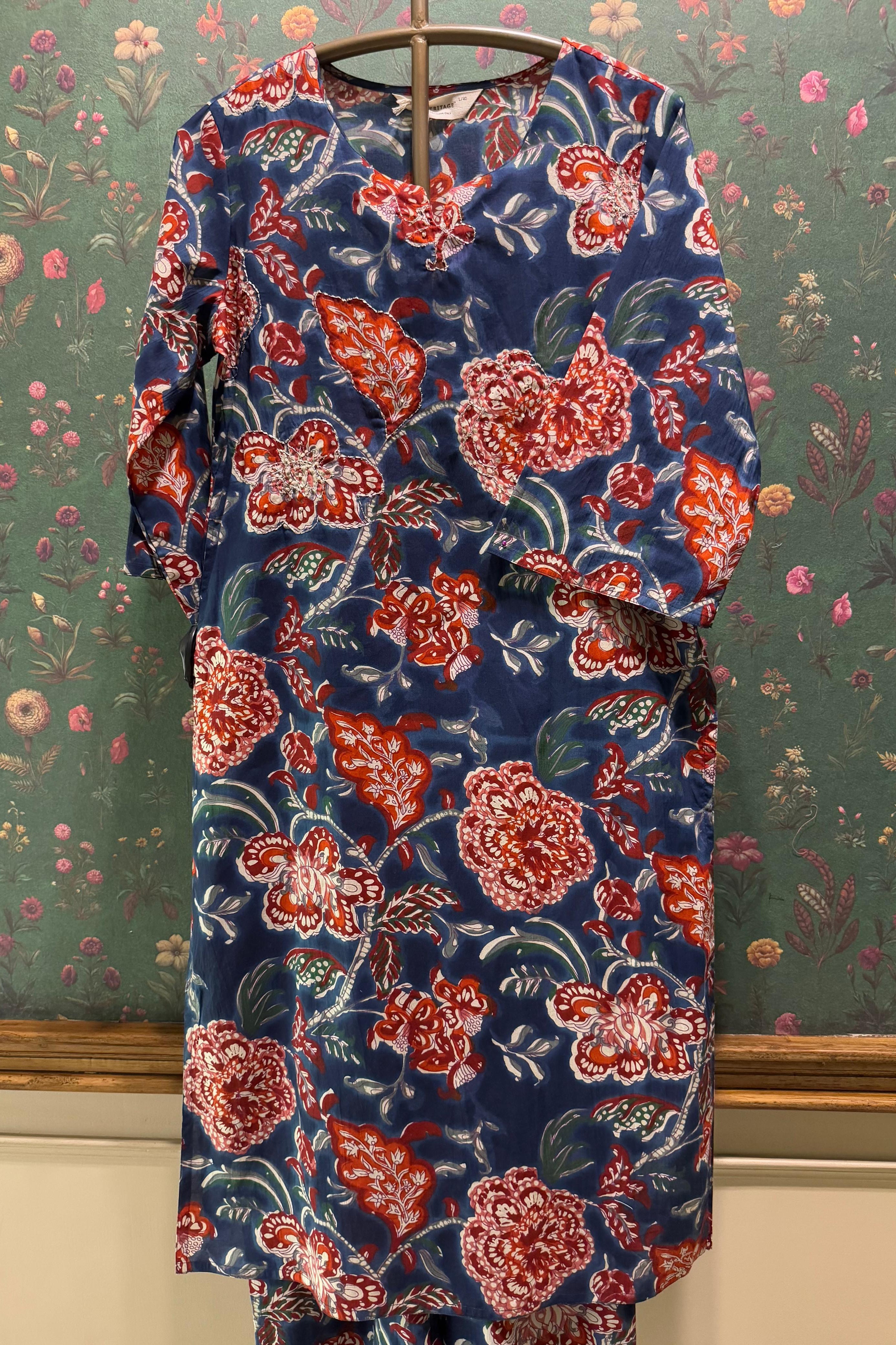 Navy Blue Floral Cotton Co-ord Set | HER-533