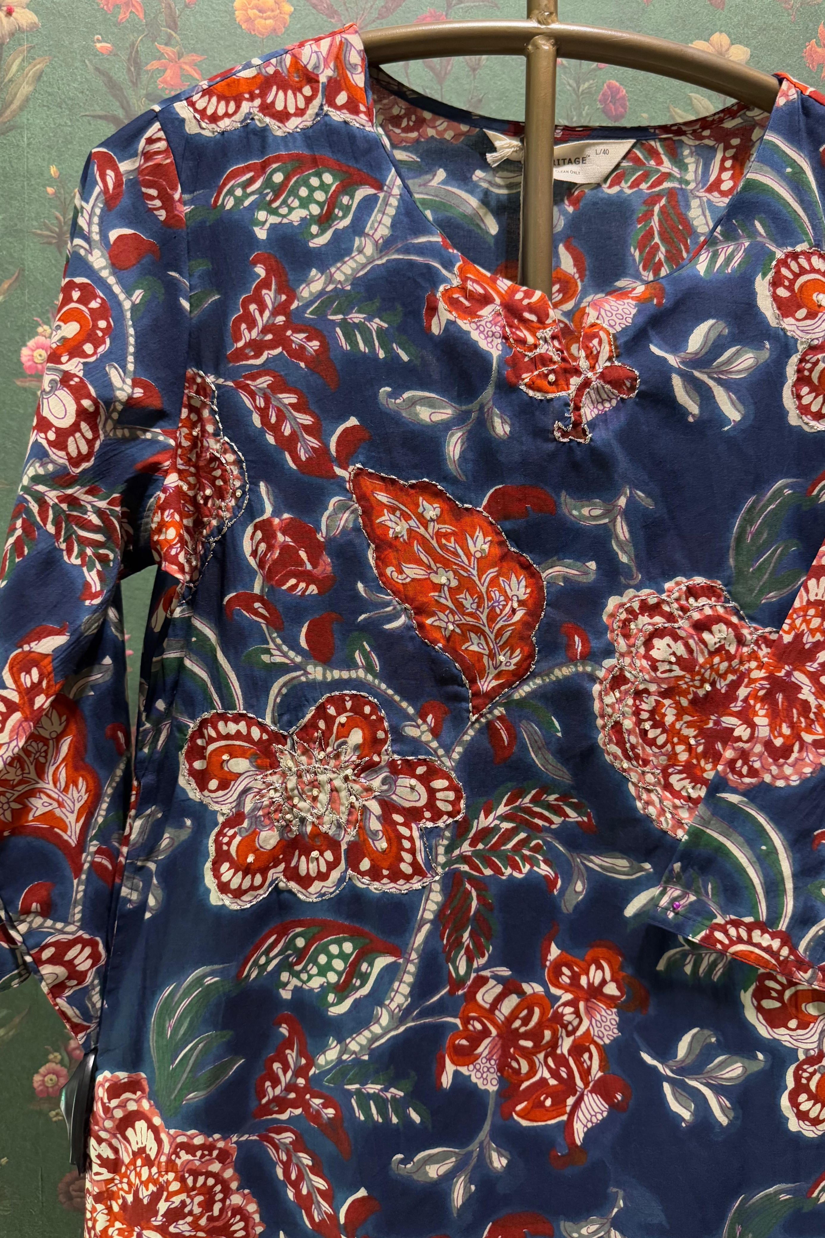 Navy Blue Floral Cotton Co-ord Set | HER-533