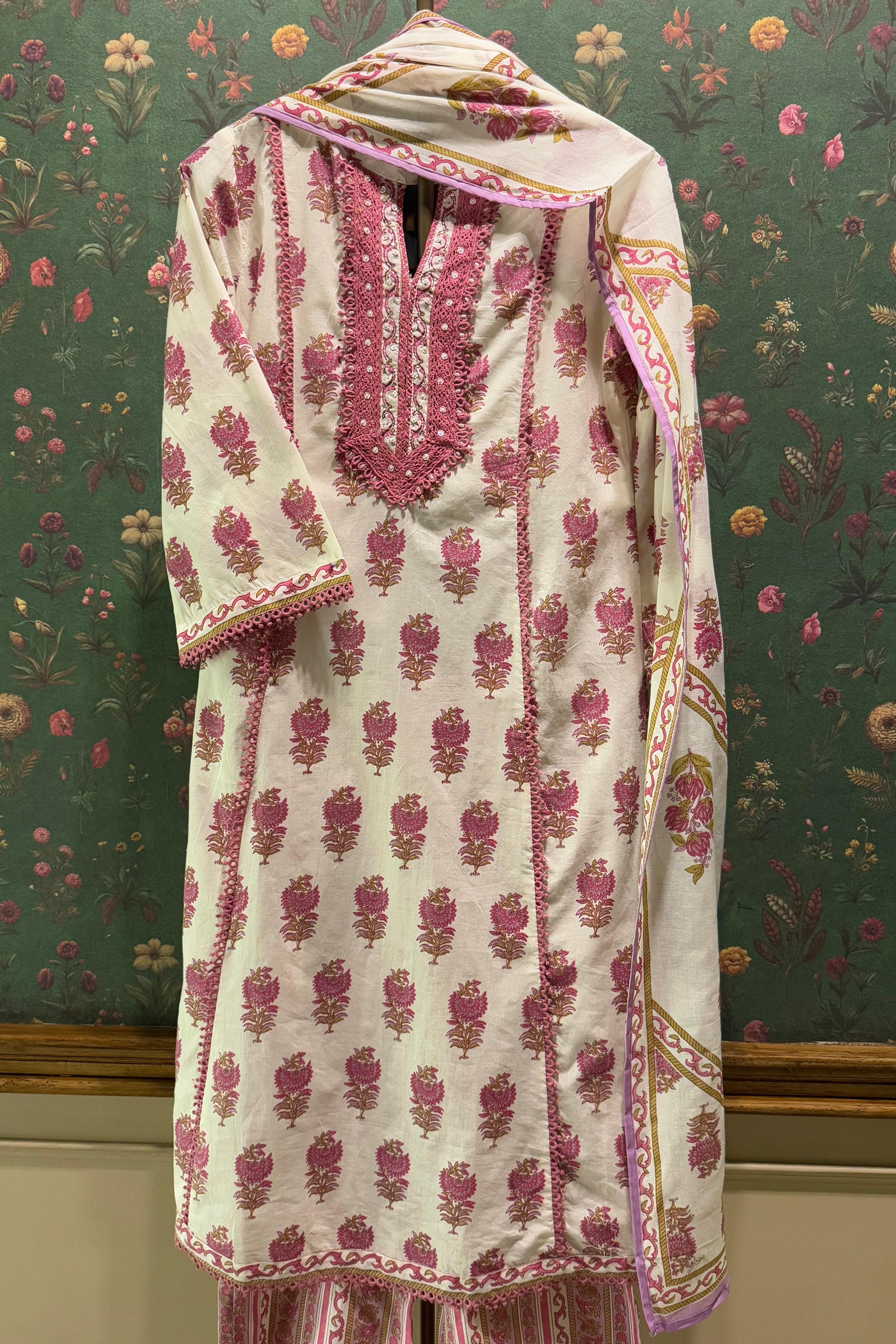 White & Pink Floral Cotton Suit Set