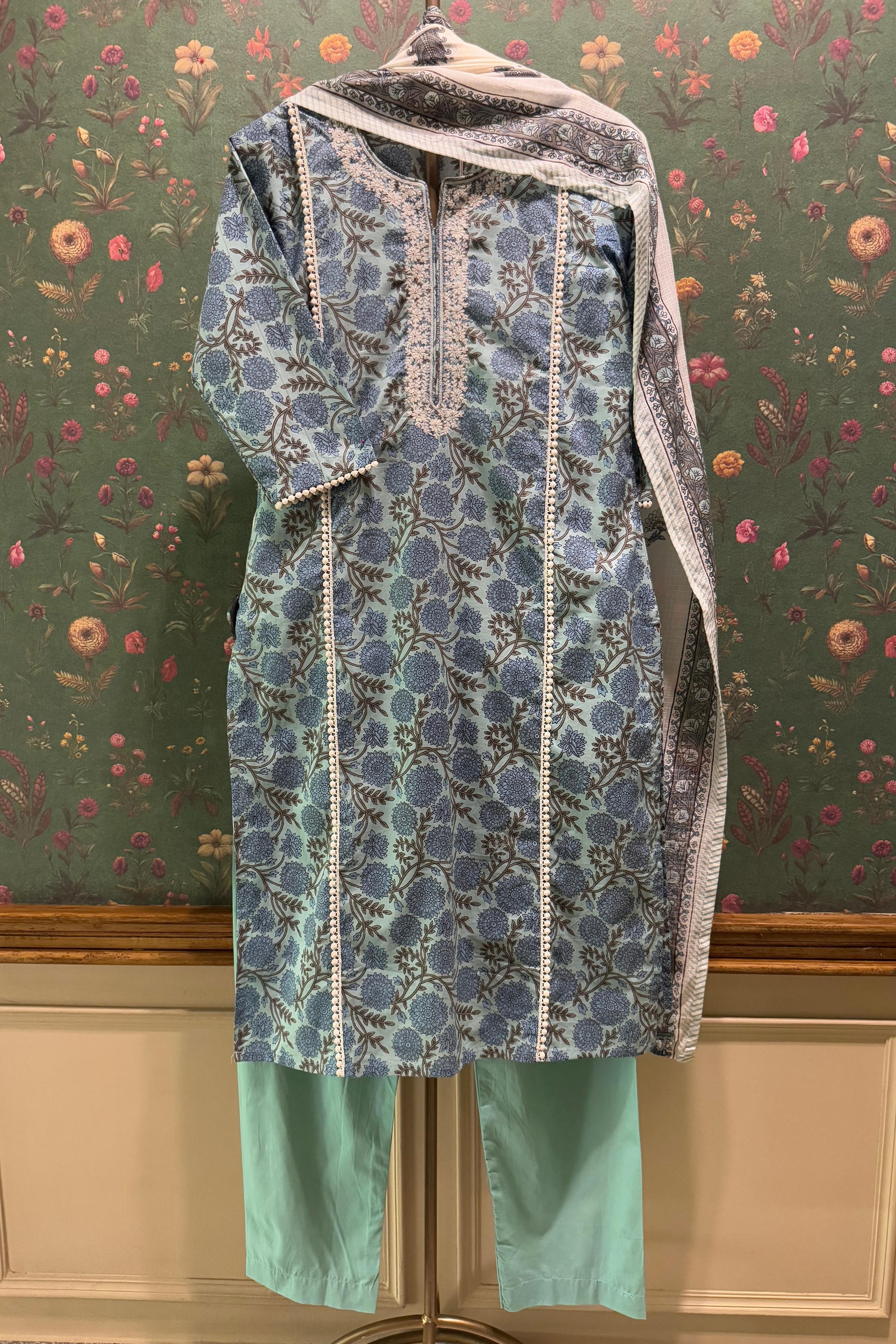Sky Blue Floral Suit Set with Kota Doria Dupatta