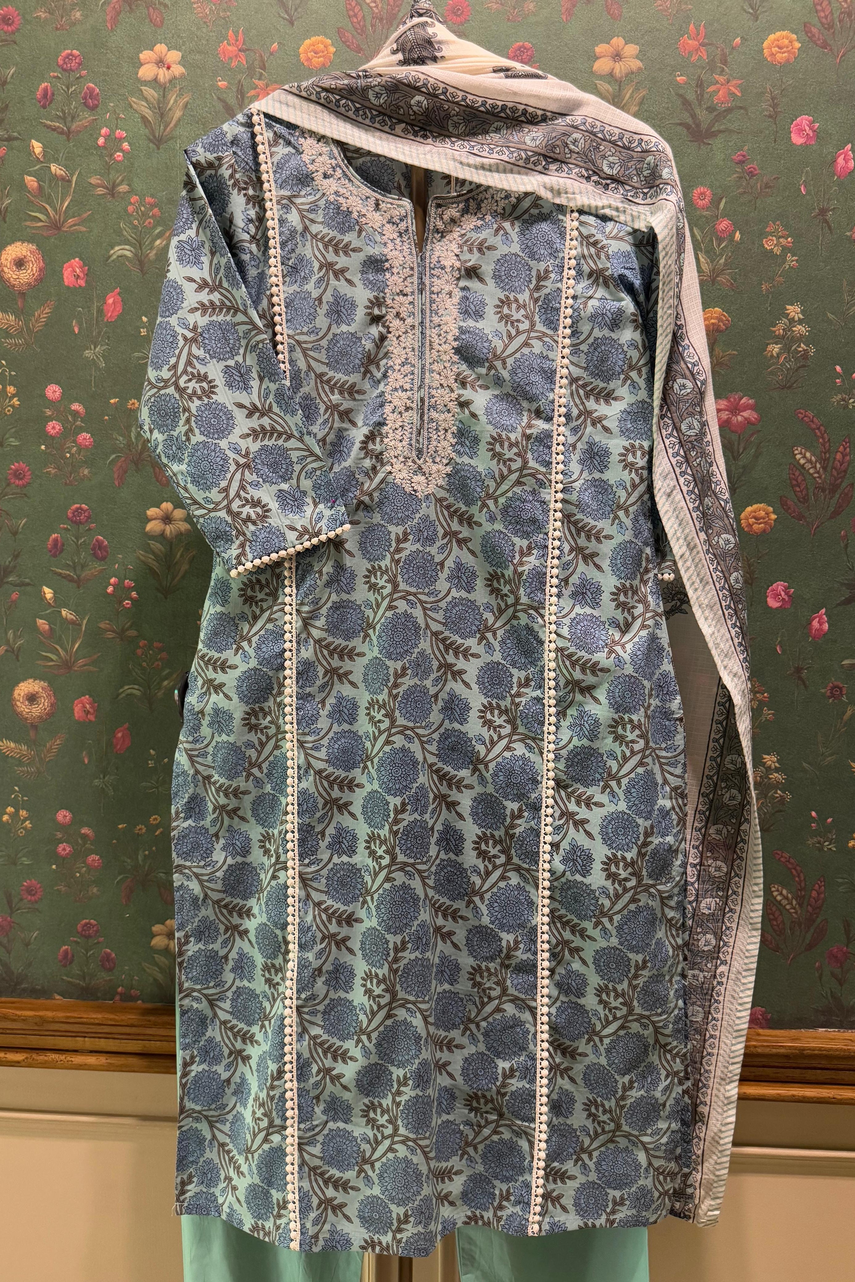 Sky Blue Floral Suit Set with Kota Doria Dupatta