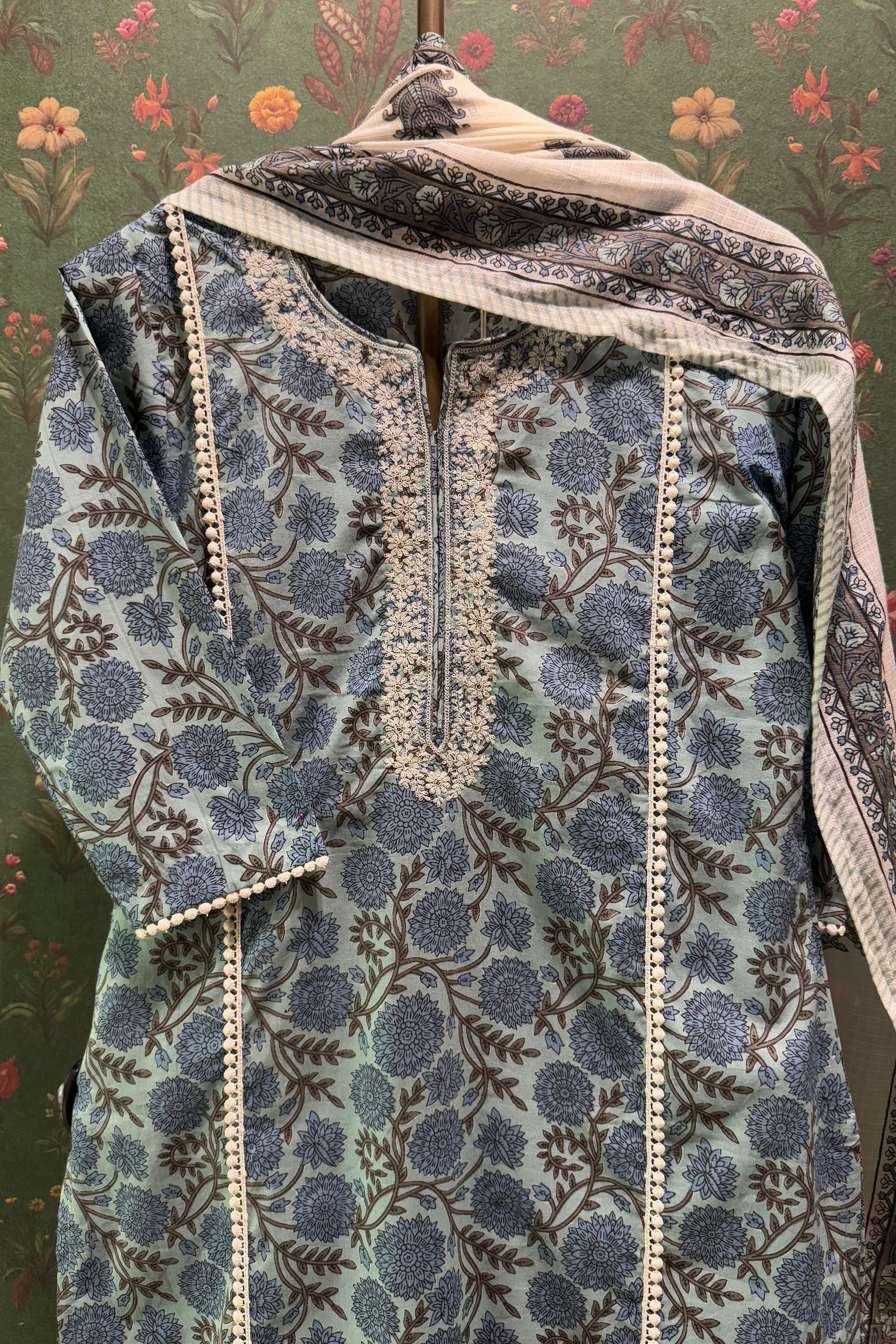 Sky Blue Floral Suit Set with Kota Doria Dupatta