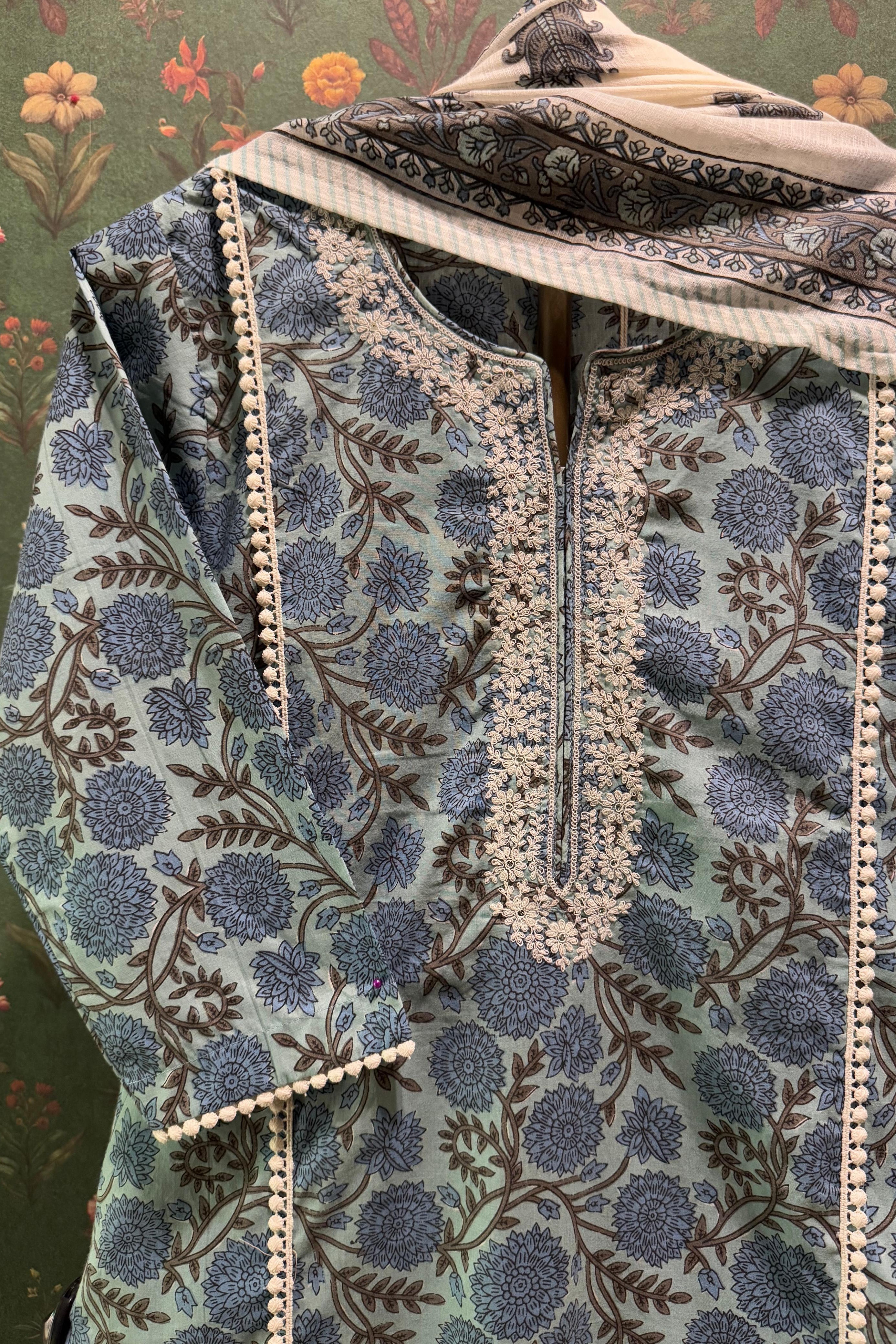 Sky Blue Floral Suit Set with Kota Doria Dupatta