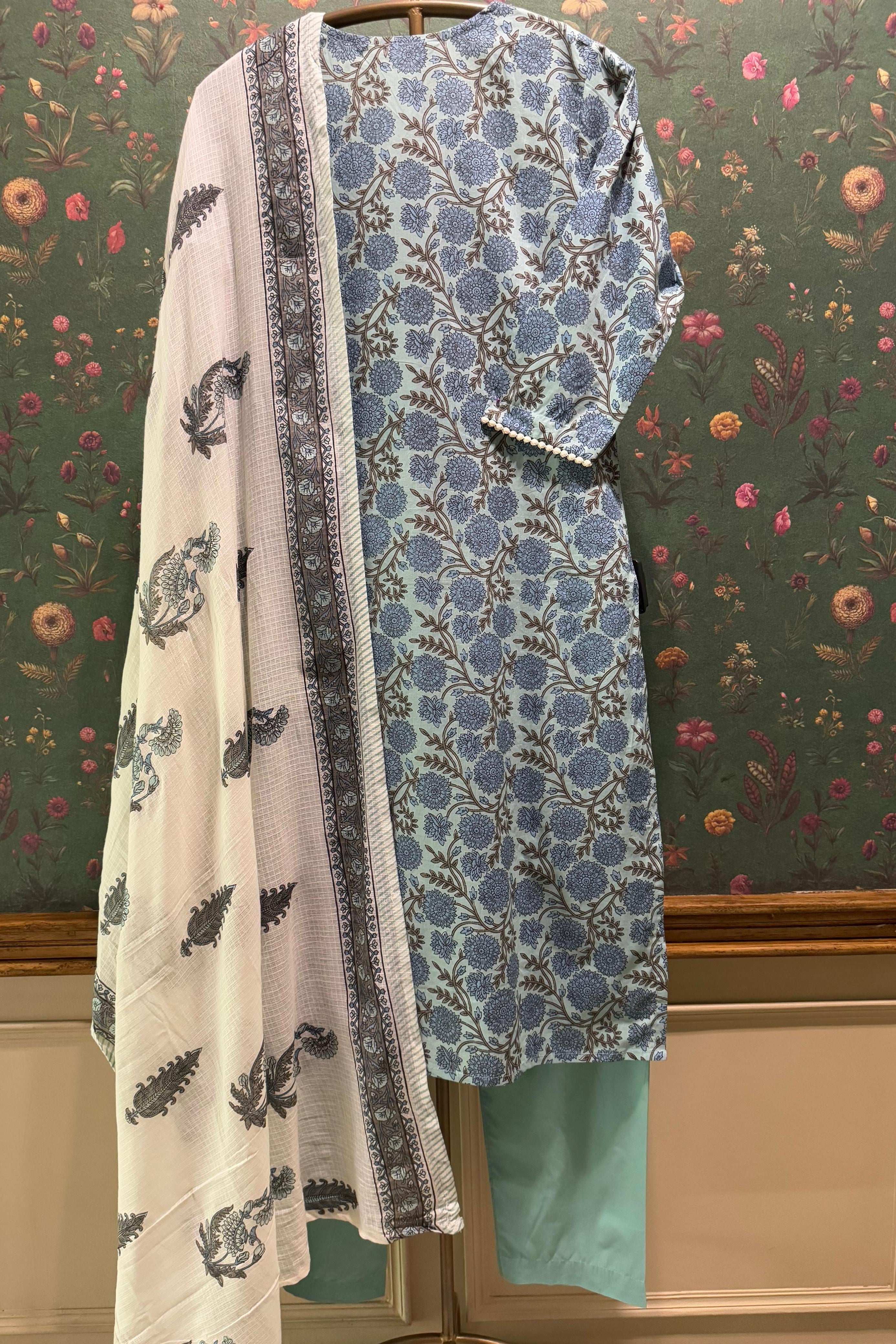 Sky Blue Floral Suit Set with Kota Doria Dupatta