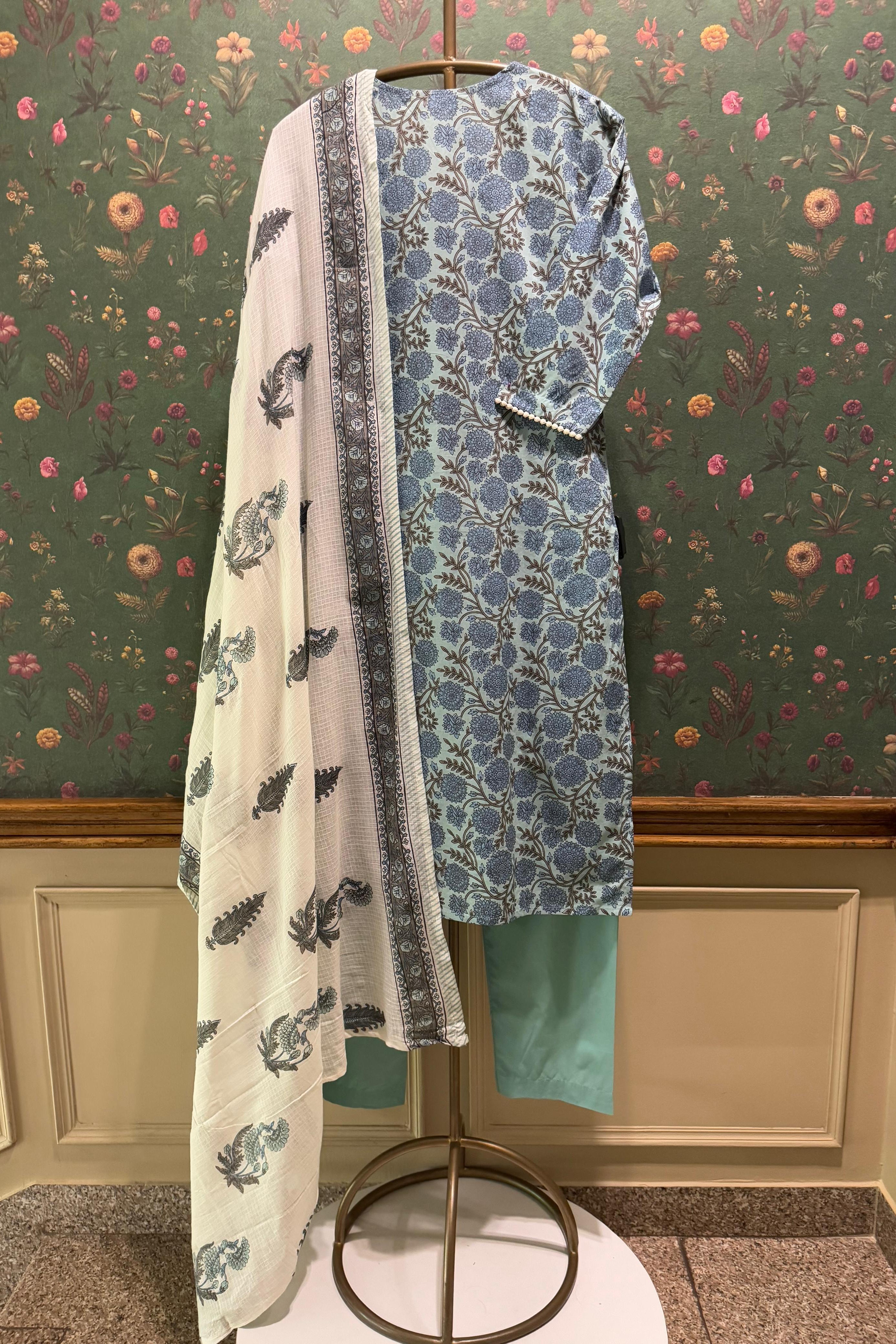 Sky Blue Floral Suit Set with Kota Doria Dupatta