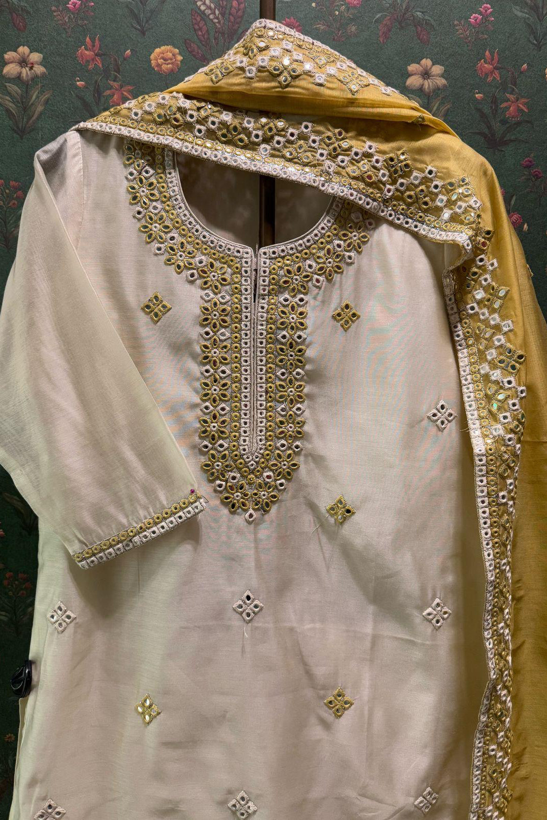 Ivory Chanderi Suit Set with Mirror Work | HER-409