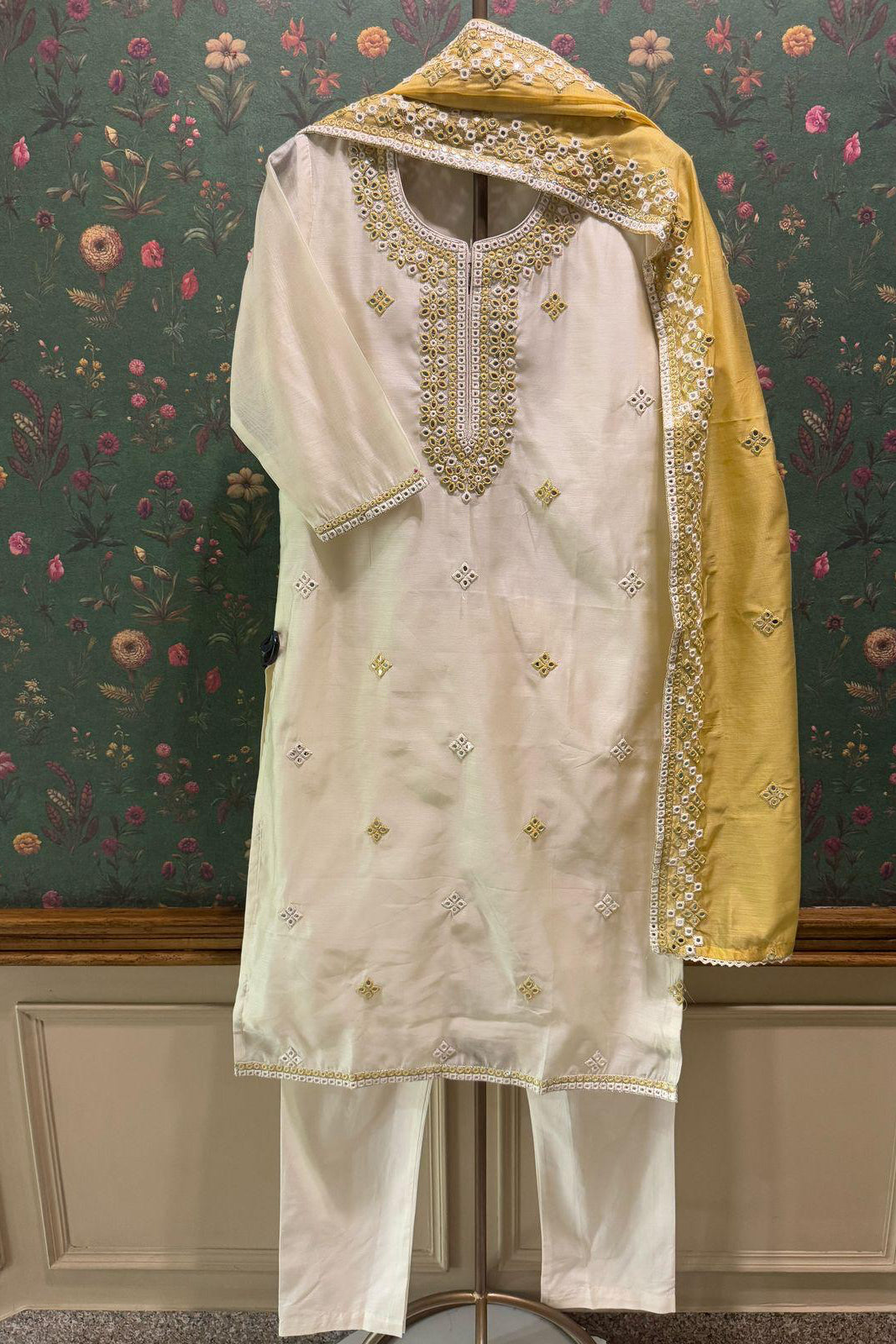 Ivory Chanderi Suit Set with Mirror Work | HER-409
