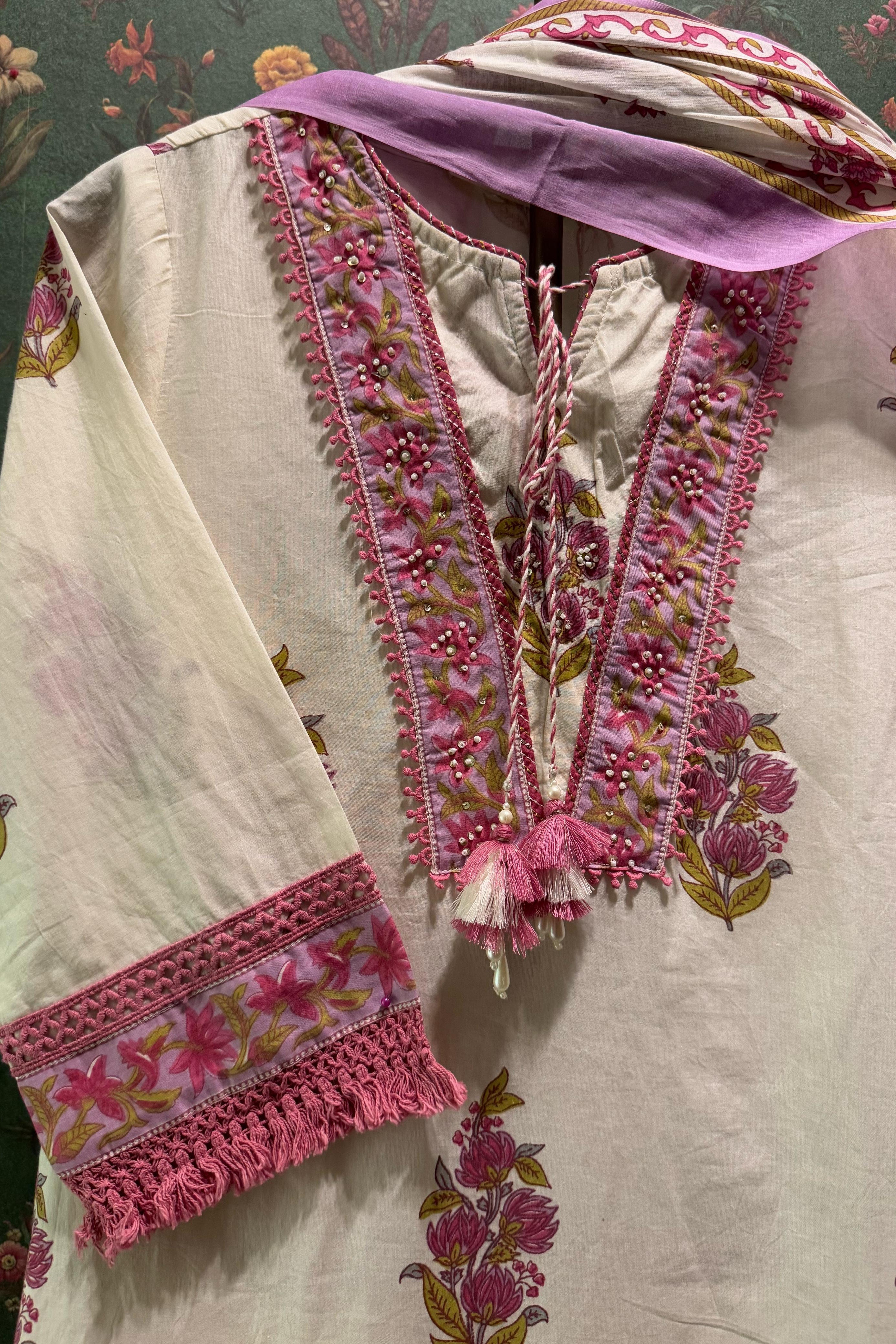 Lilac Pink Floral Cotton Suit Set