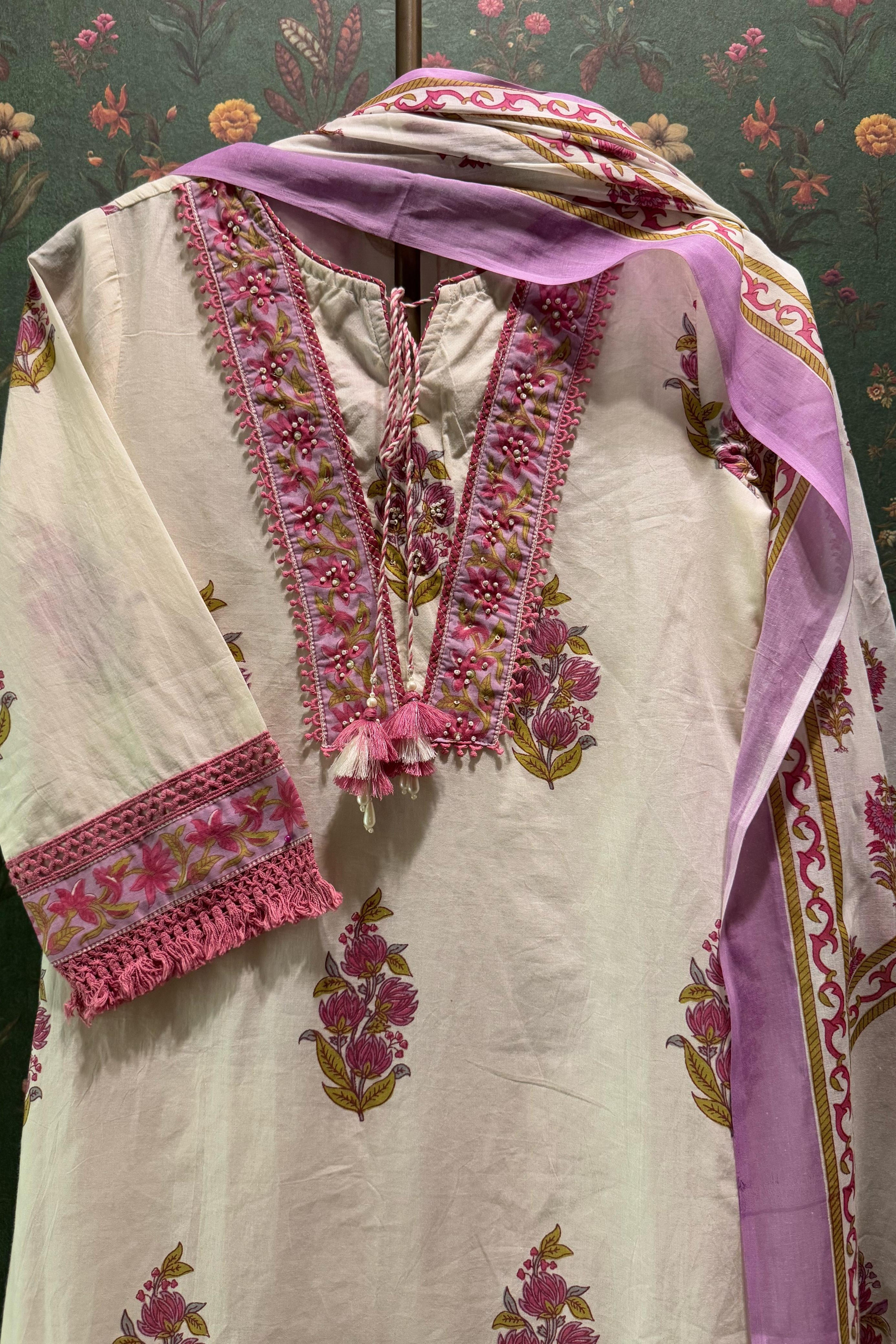 Lilac Pink Floral Cotton Suit Set