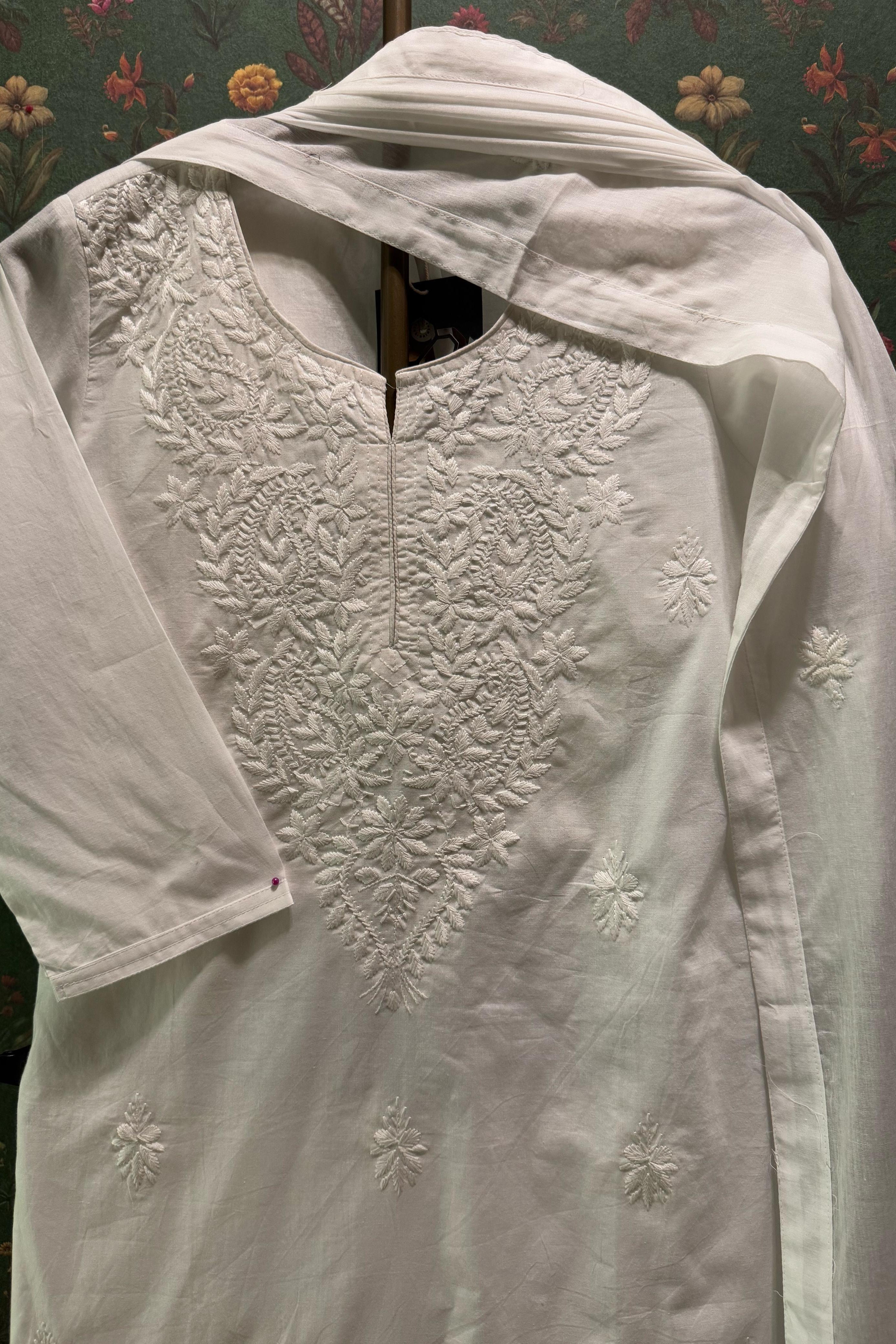 White Cotton Chikankari Suit Set | HER-531