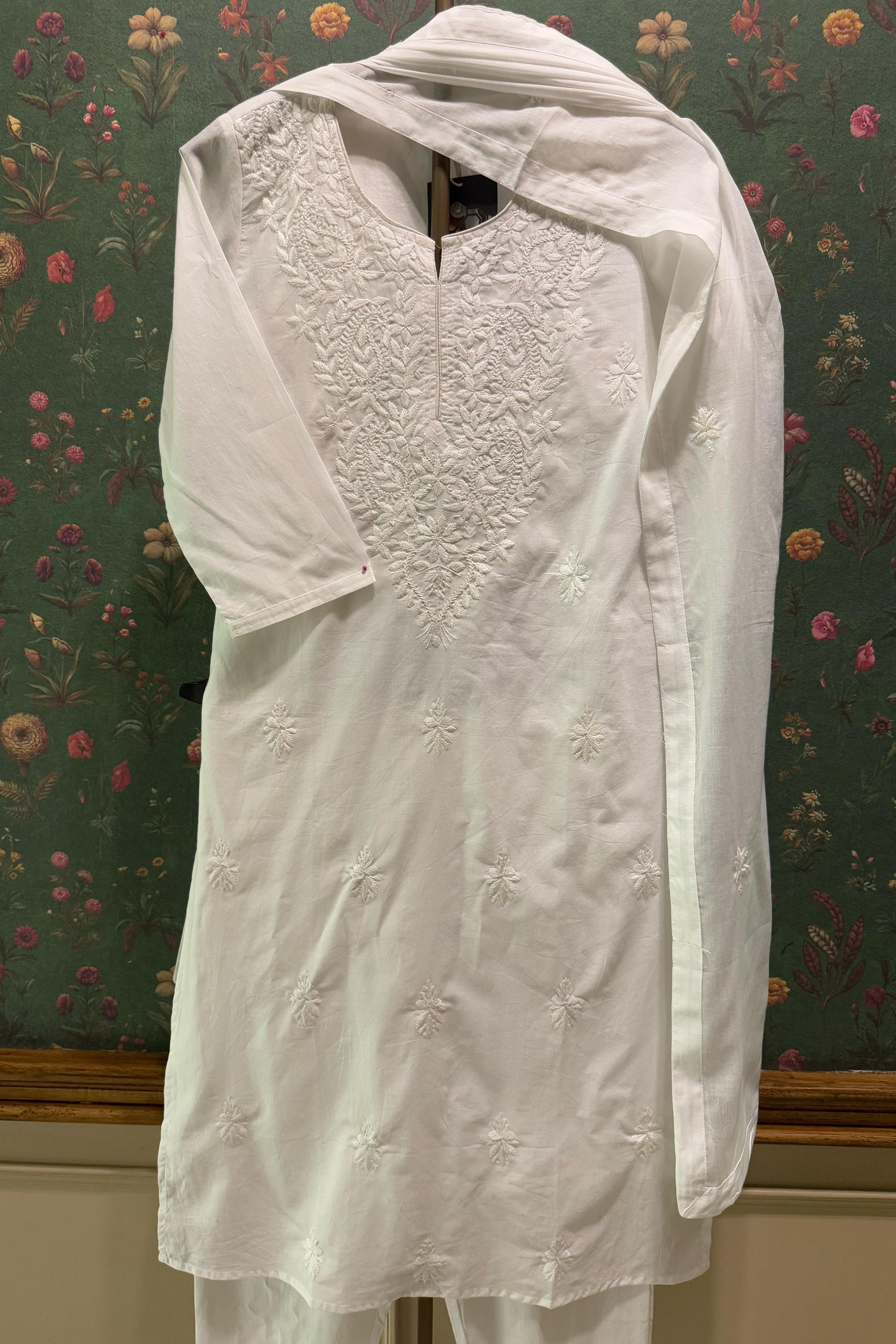 White Cotton Chikankari Suit Set | HER-531