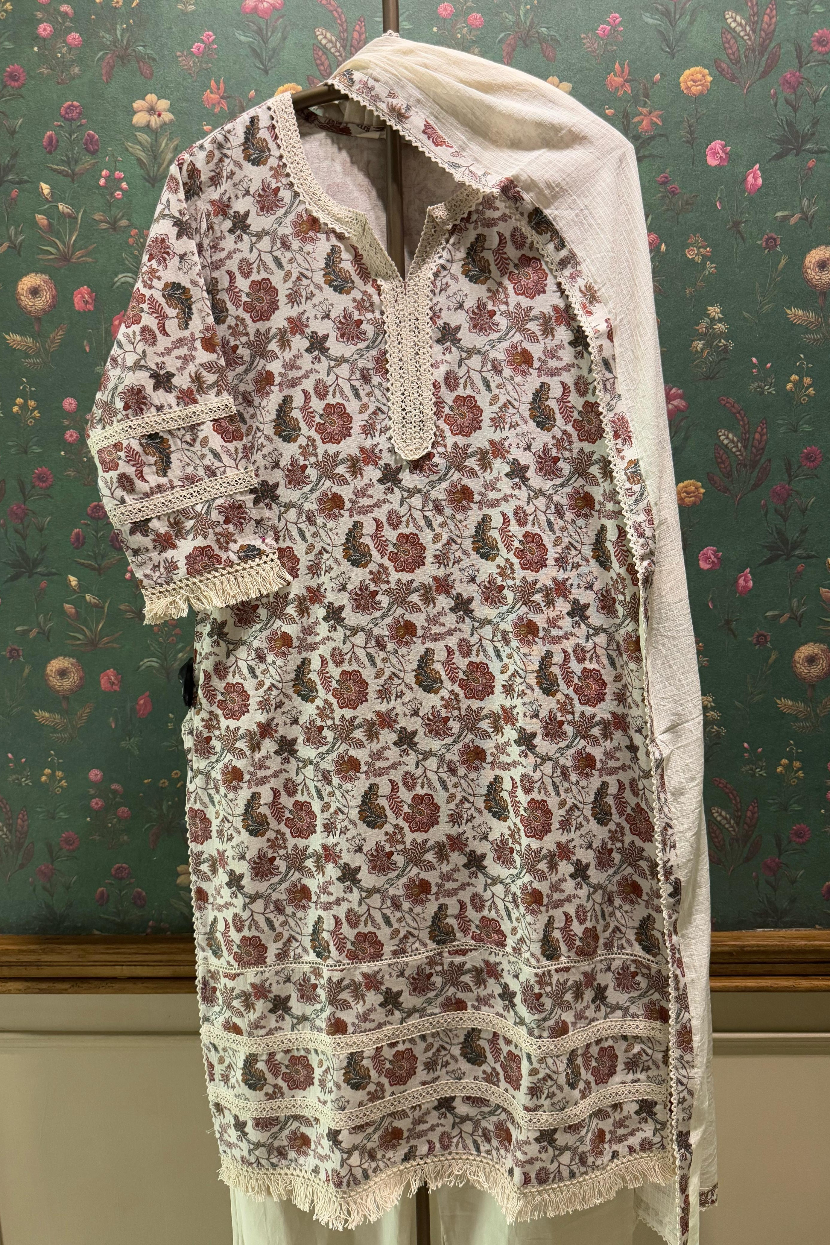 Earthy Floral Suit Set with Crochet Style Lace