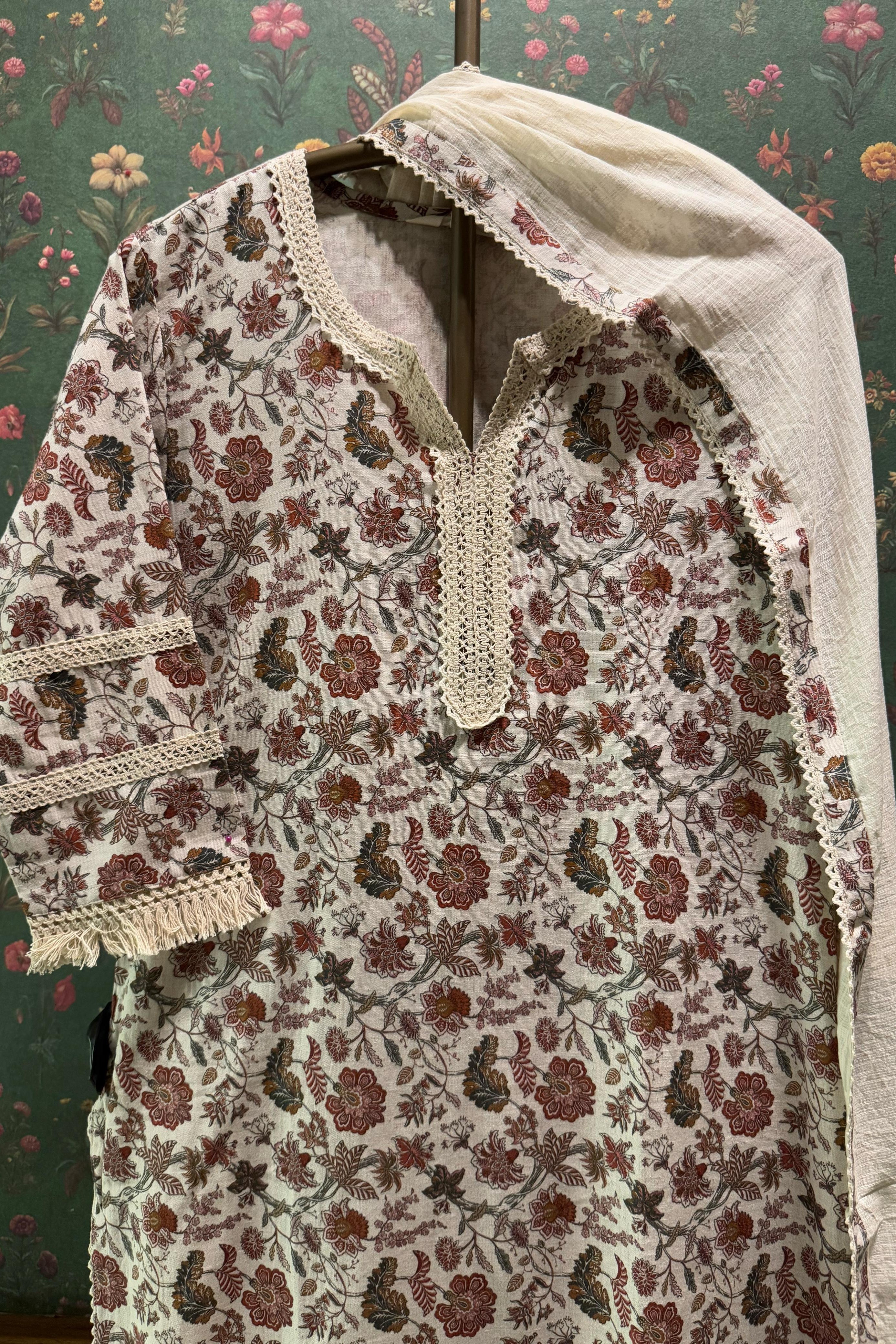 Earthy Floral Suit Set with Crochet Style Lace