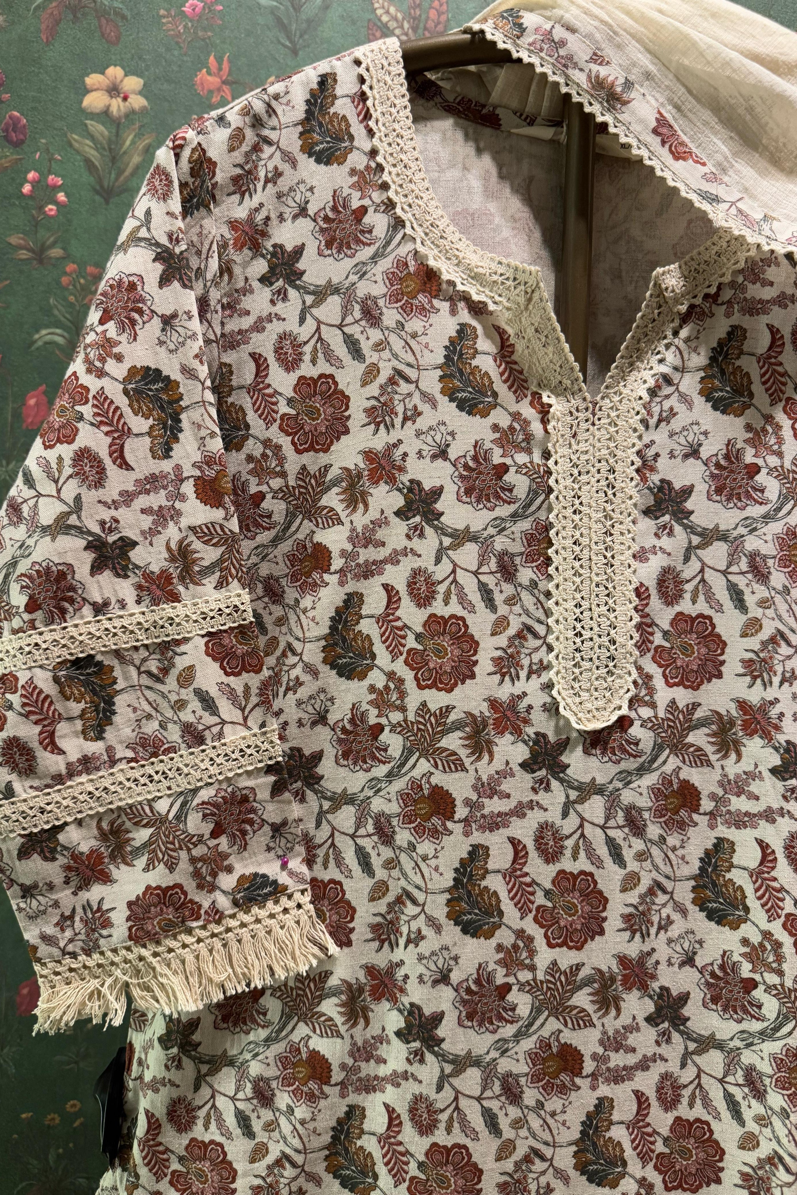 Earthy Floral Suit Set with Crochet Style Lace