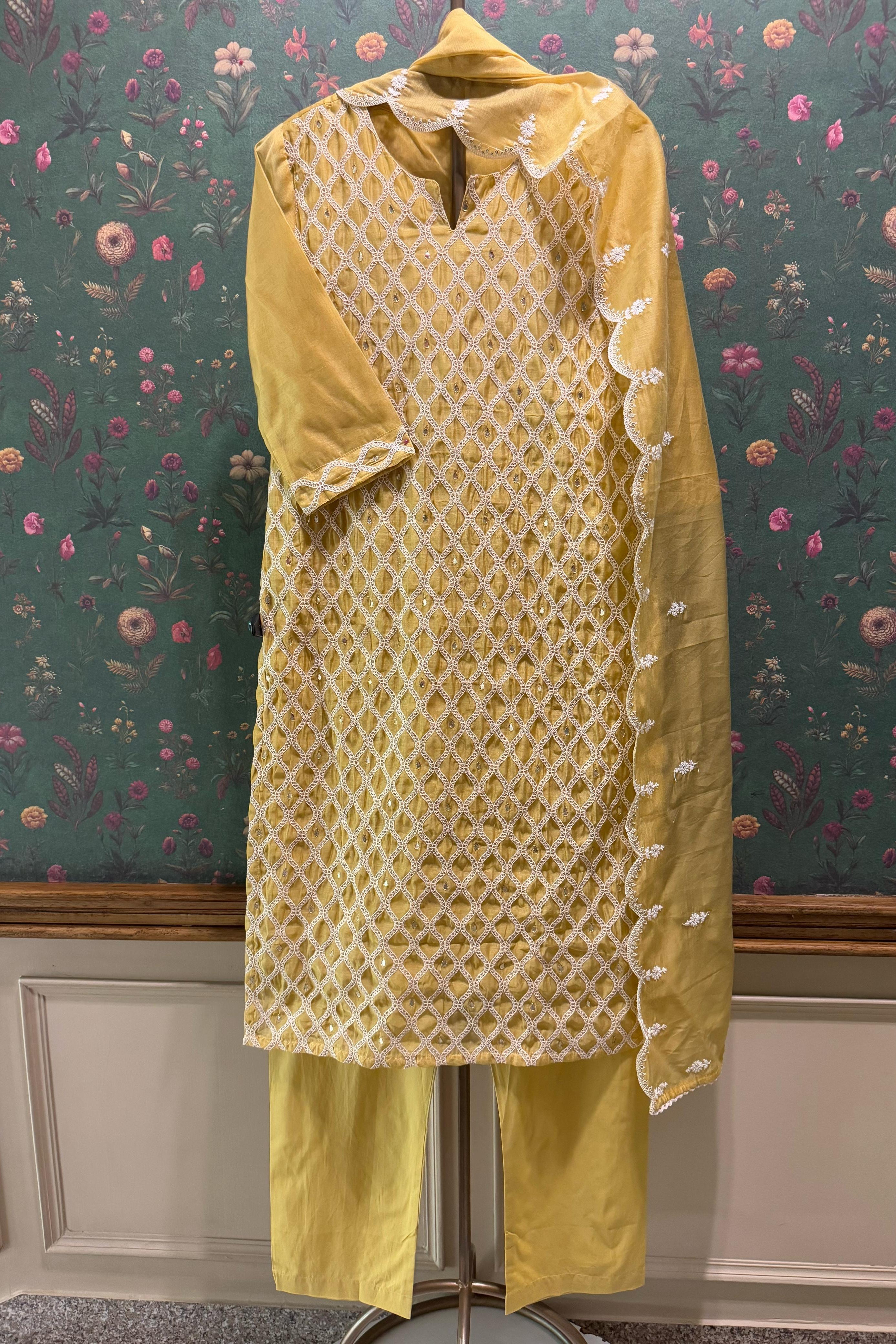 Radiant yellow Chanderi Suit Set with Lattice Embroidery | HER-392