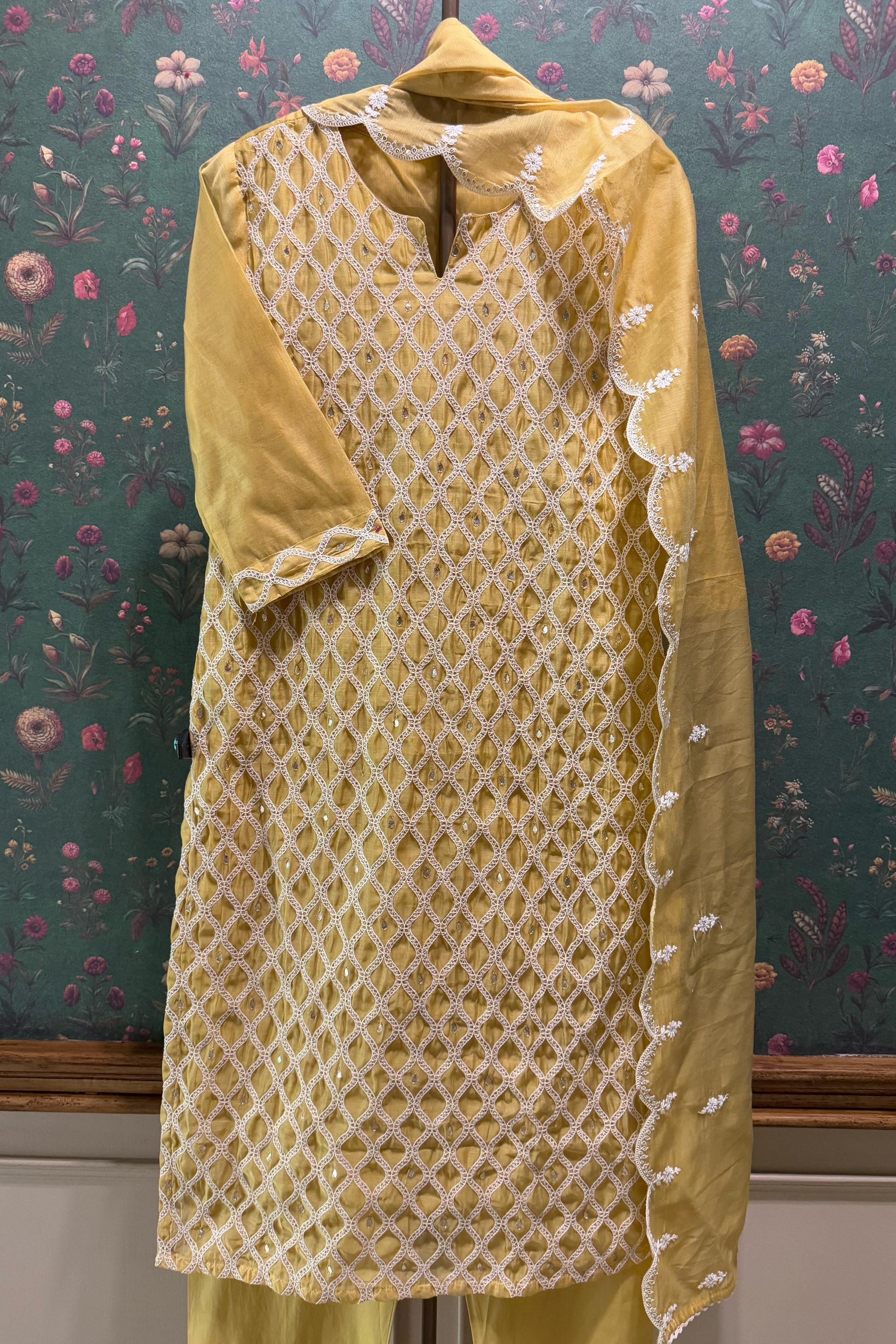 Radiant yellow Chanderi Suit Set with Lattice Embroidery | HER-392