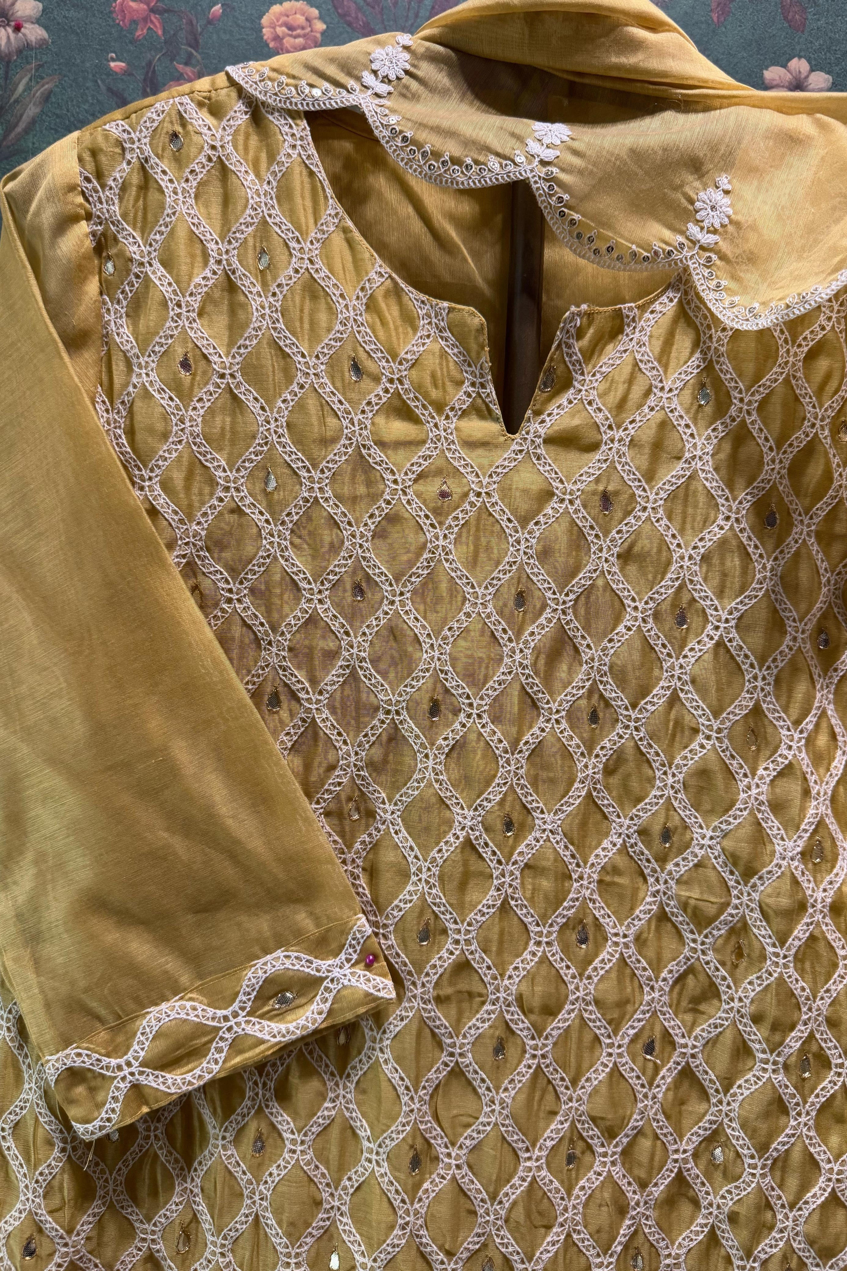 Radiant yellow Chanderi Suit Set with Lattice Embroidery | HER-392