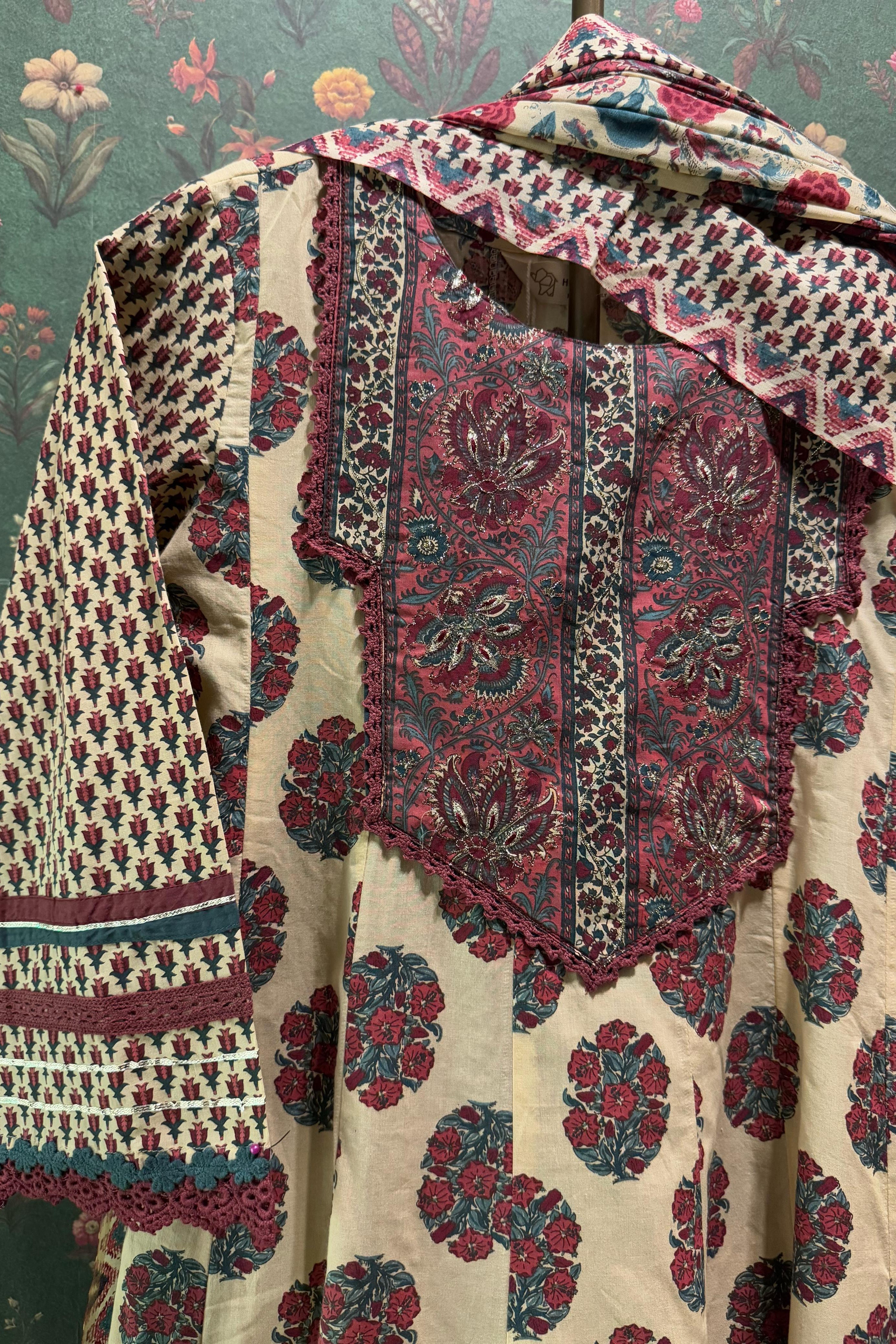 Beige Cotton Anarkali Suit Set | HER-348