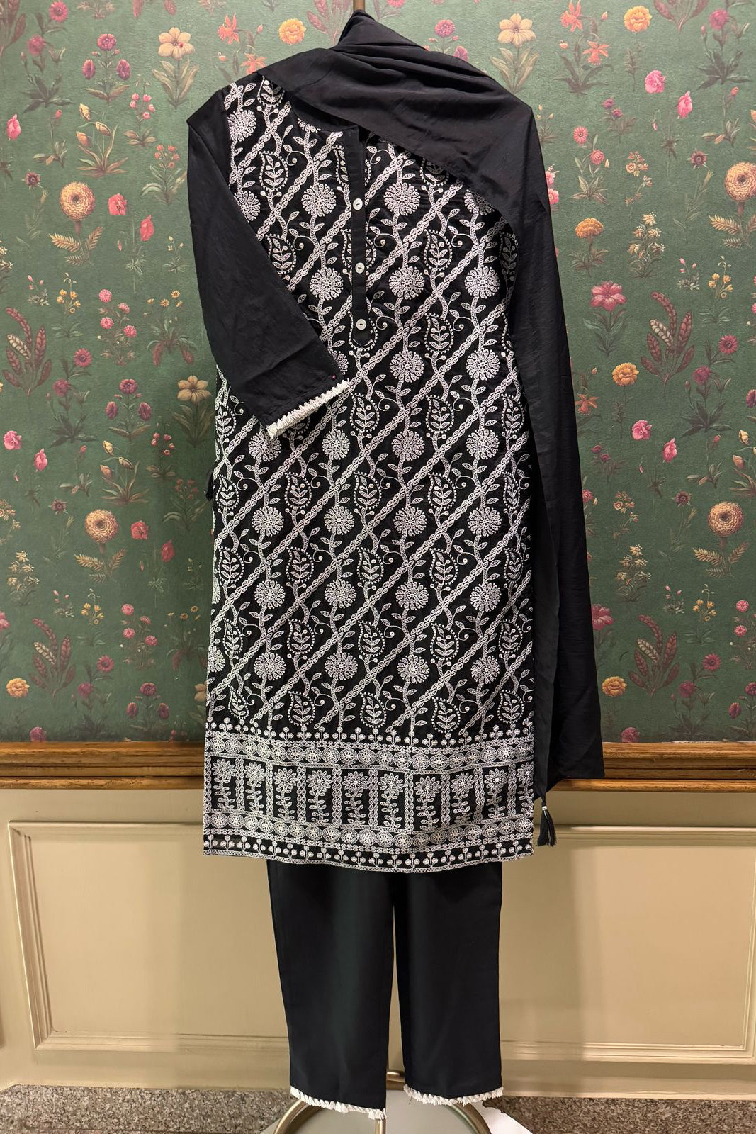 Noir Black Cotton Suit Set with Floral Embroidery