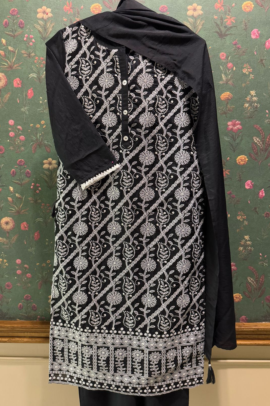 Noir Black Cotton Suit Set with Floral Embroidery