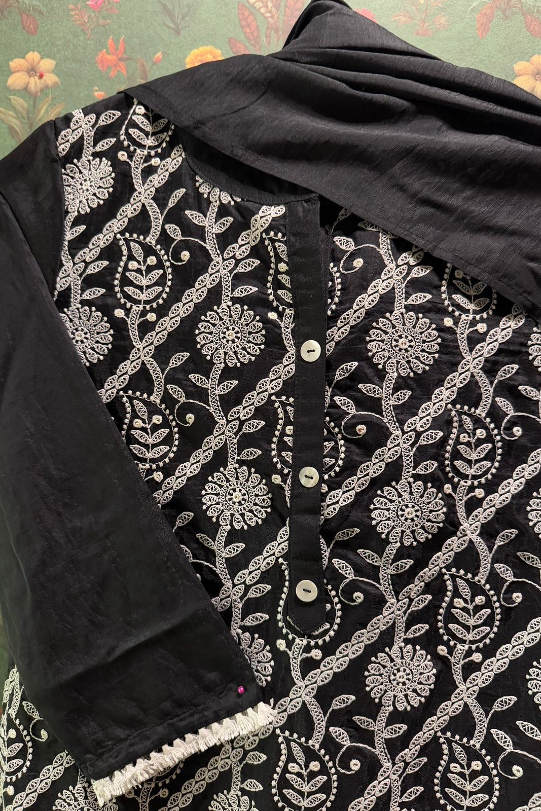 Noir Black Cotton Suit Set with Floral Embroidery