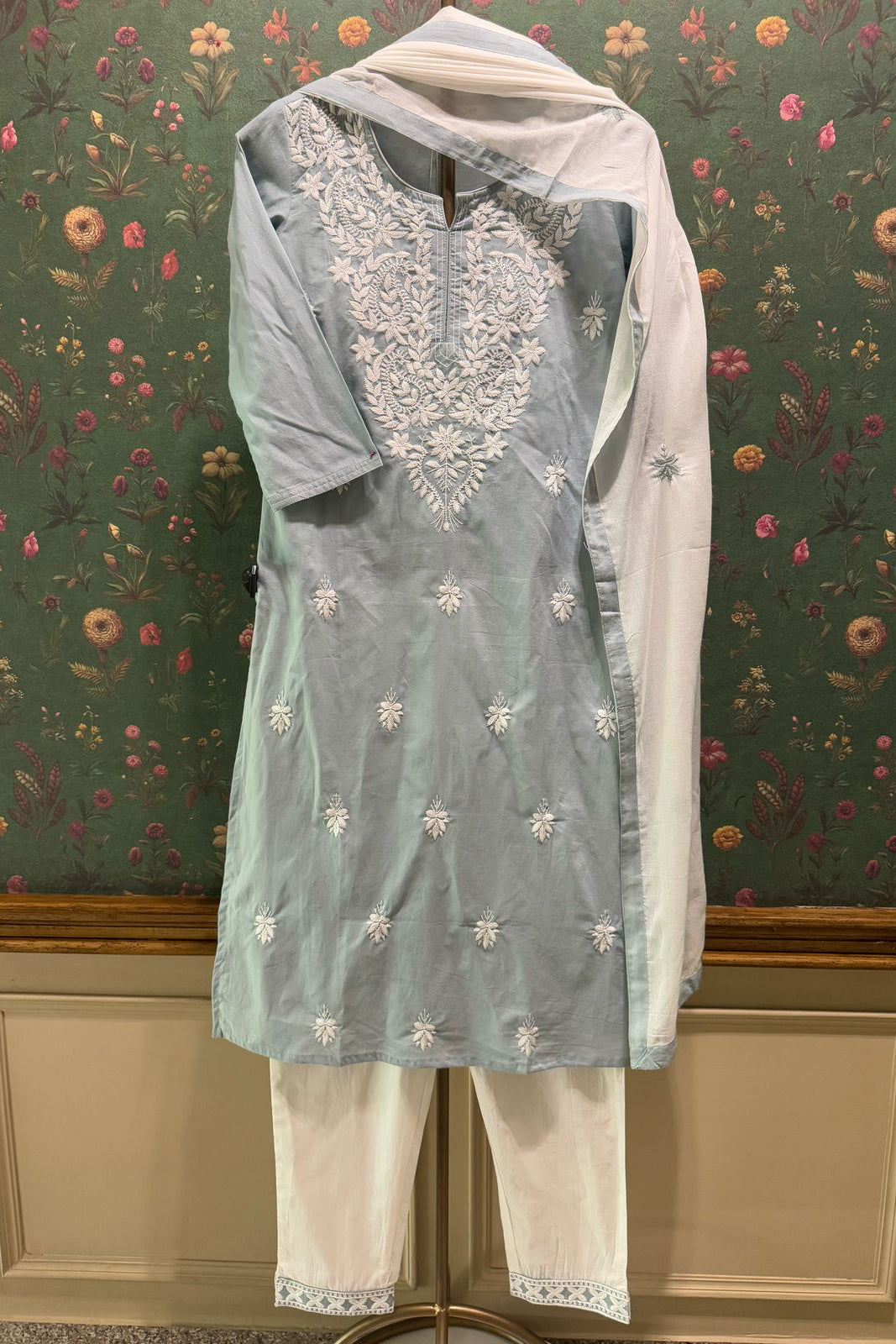 Dusty Blue Cotton Chikankari Suit Set | HER-531