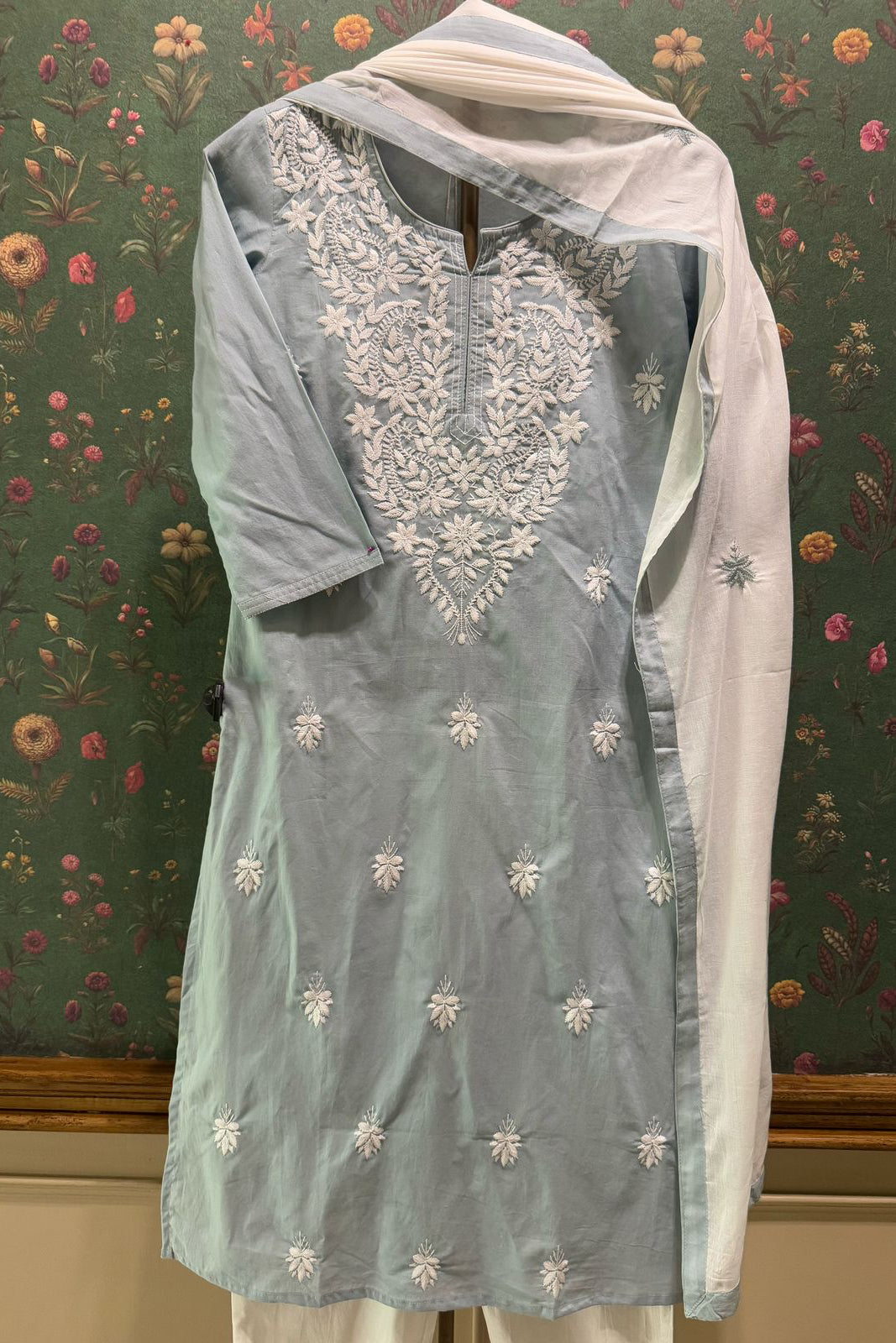 Dusty Blue Cotton Chikankari Suit Set | HER-531