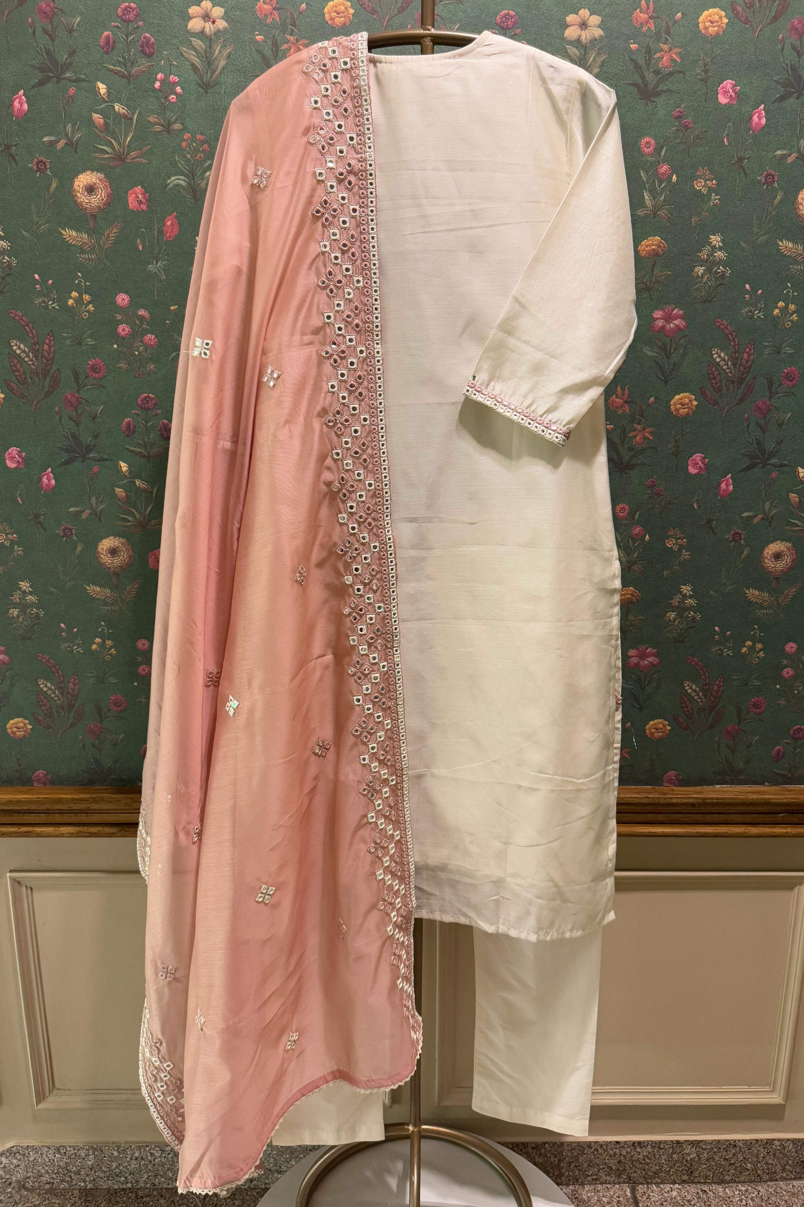 Ivory Chanderi Suit Set with Mirror Work | HER-409